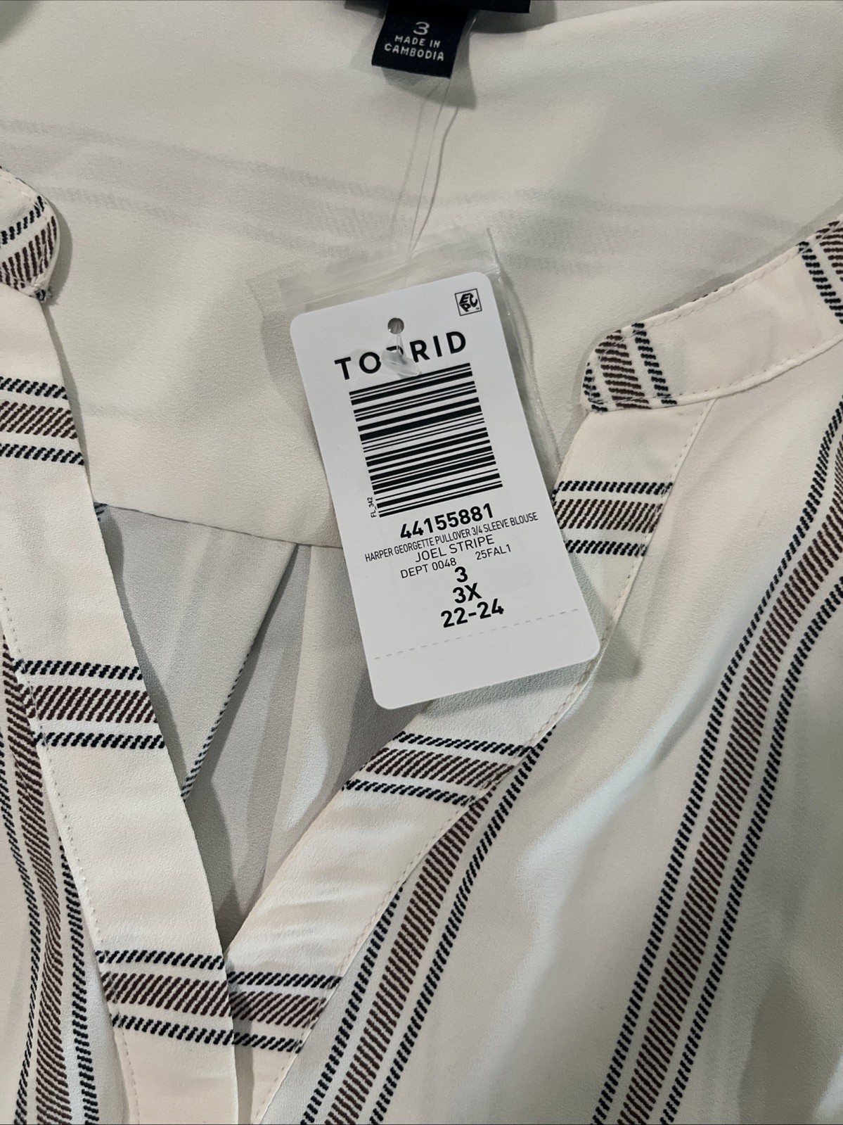 Torrid Harper Georgette Blouse Women’s 3X Cream / Brown Stripe 3/3 Sleeve - New Torrid Harper Georgette Blouse Women’s 3X Cream / Brown Stripe 3/3 Sleeve - New