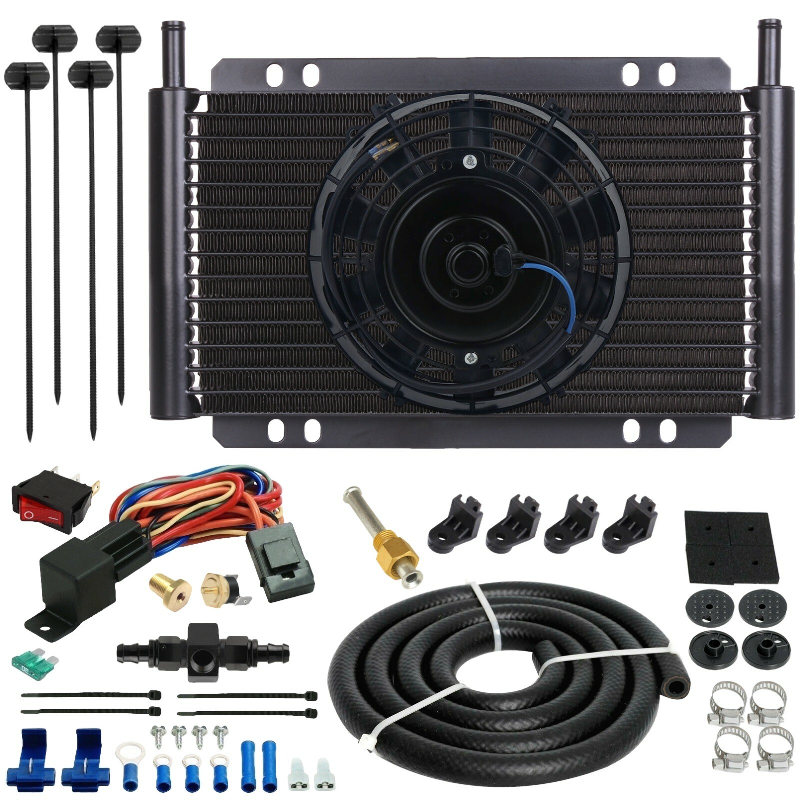 15 ROW TRANS-MISSION OIL COOLER FAN 6AN HOSE LINE THERMO TEMP-ERATURE SWITCH KIT 15 ROW TRANS-MISSION OIL COOLER FAN 6AN HOSE LINE THERMO TEMP-ERATURE SWITCH KIT
