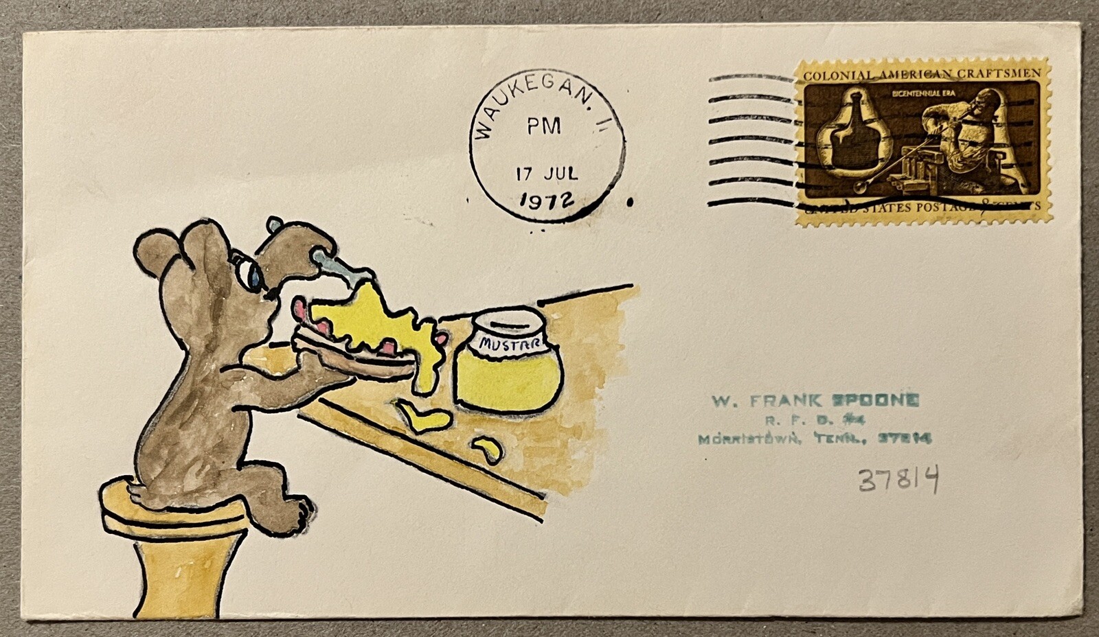 1972 US COVER WITH HAND-DRAWN CACHET BEAR PUTTING MUSTARD ON HOT DOG