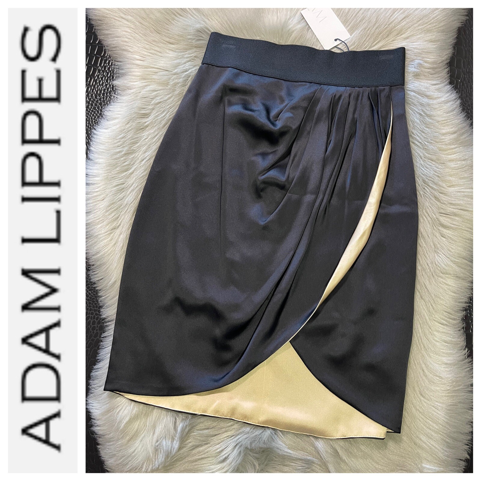 NWT Adam Lippes Silk Black Gold Drape Skirt Size 2 Retail $295