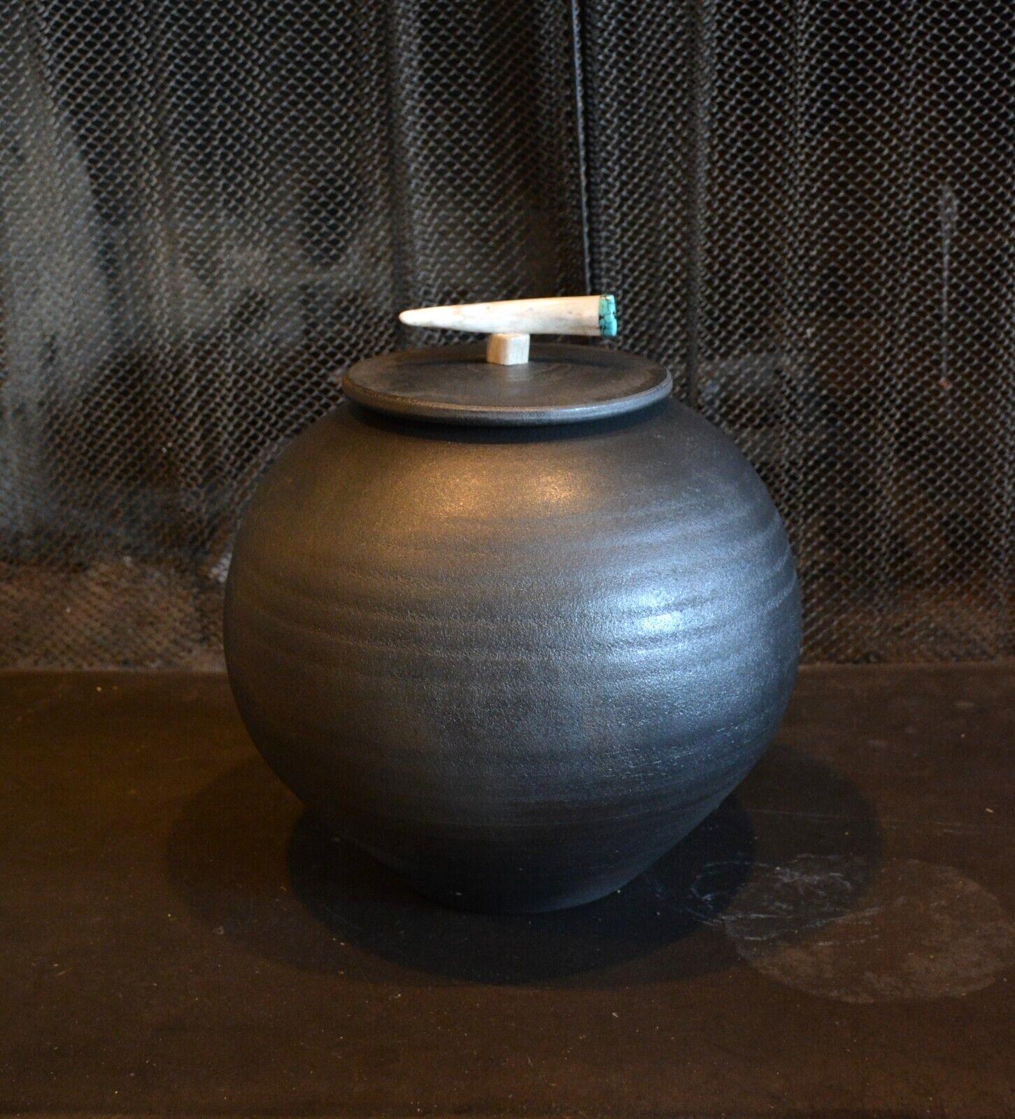 Wimberg - Vintage Southwest Art Pot w. Lid -  Inset Turquoise Handle - 12