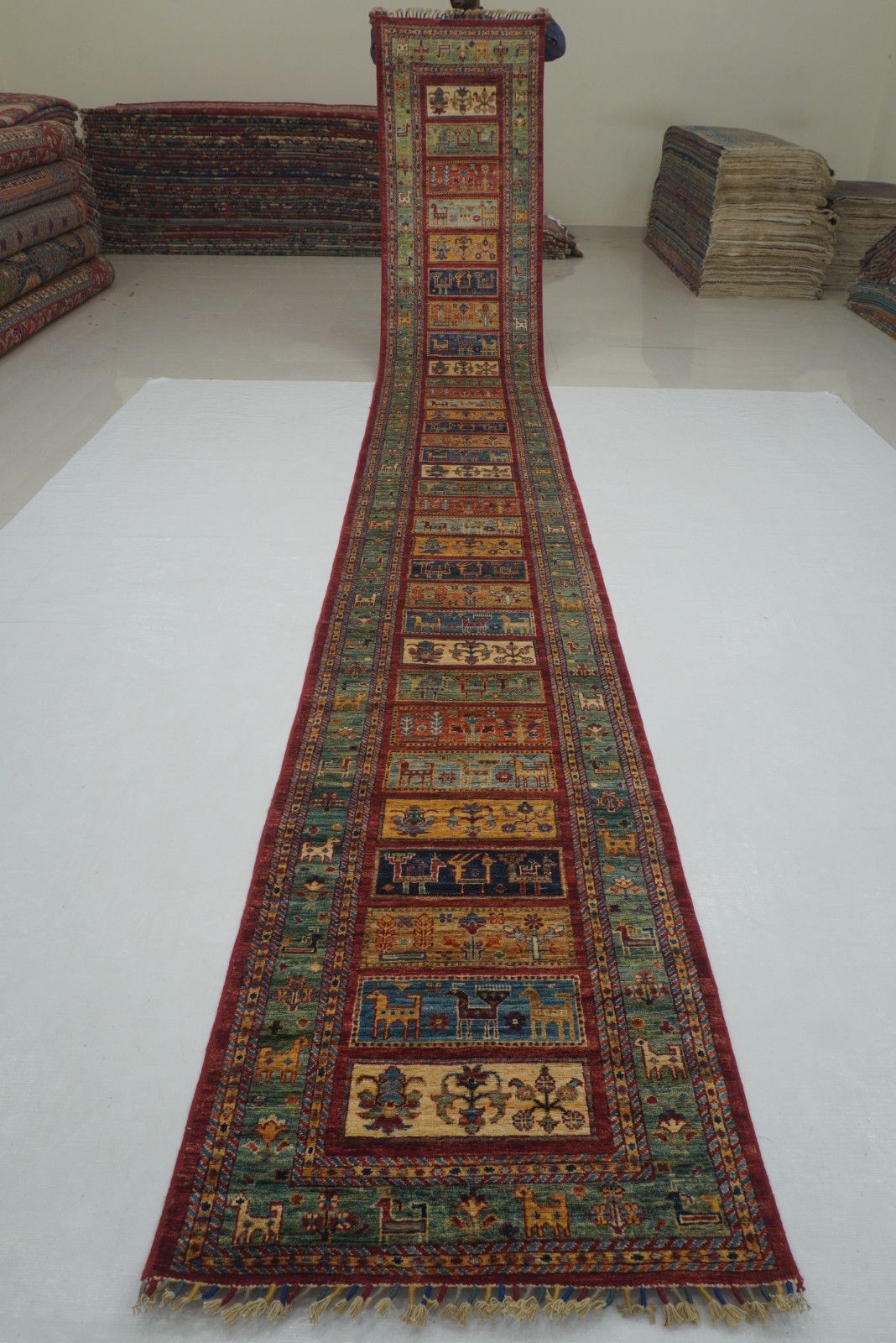 3x19 ft Red Buzakh Animal Gabbeh Afghan Hand knotted Long Runner Rug