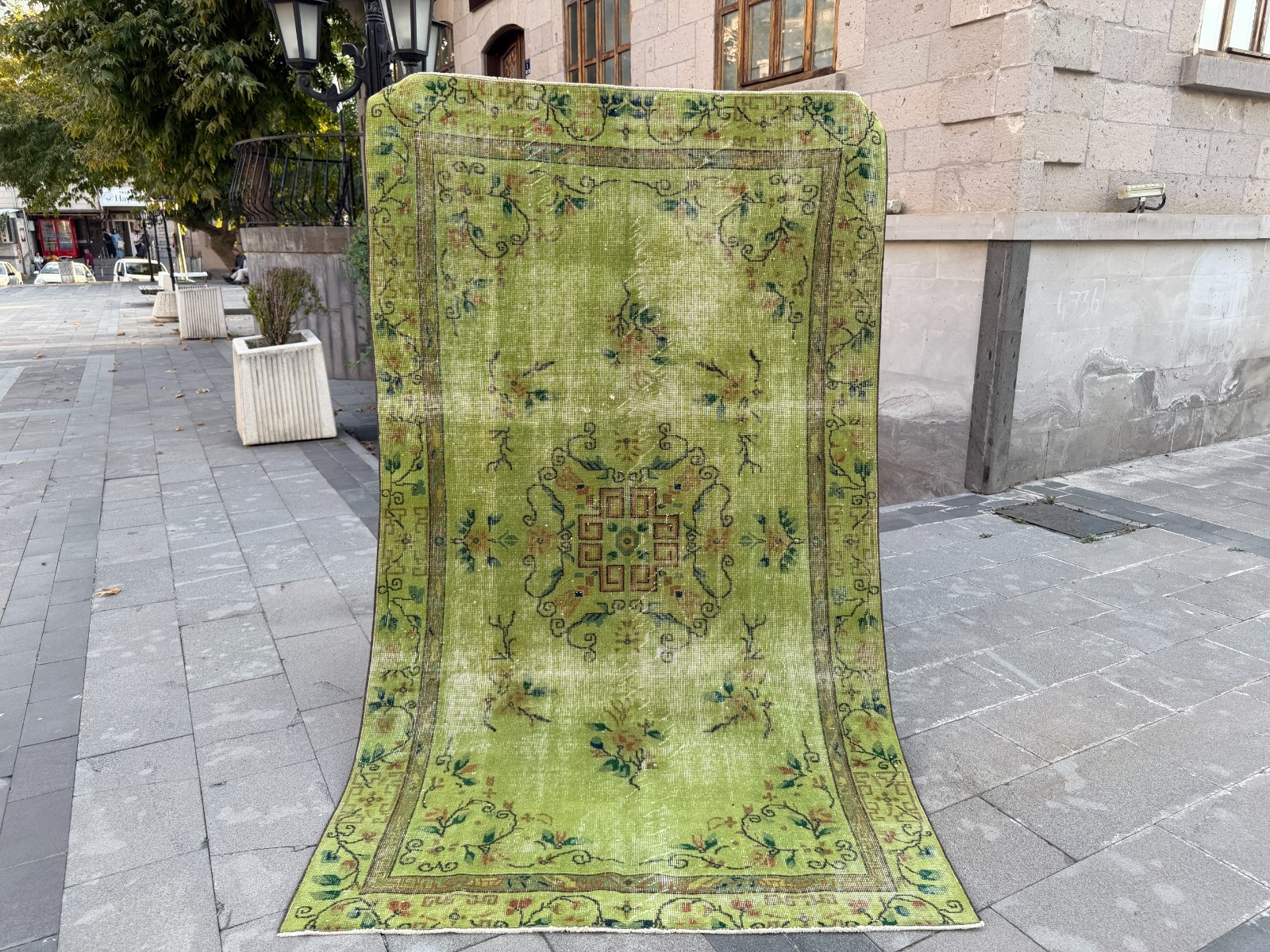 Lime Green Oushak Rug 5x8.6 ft Overdyed Vintage Turkish Wool Floral Carpet