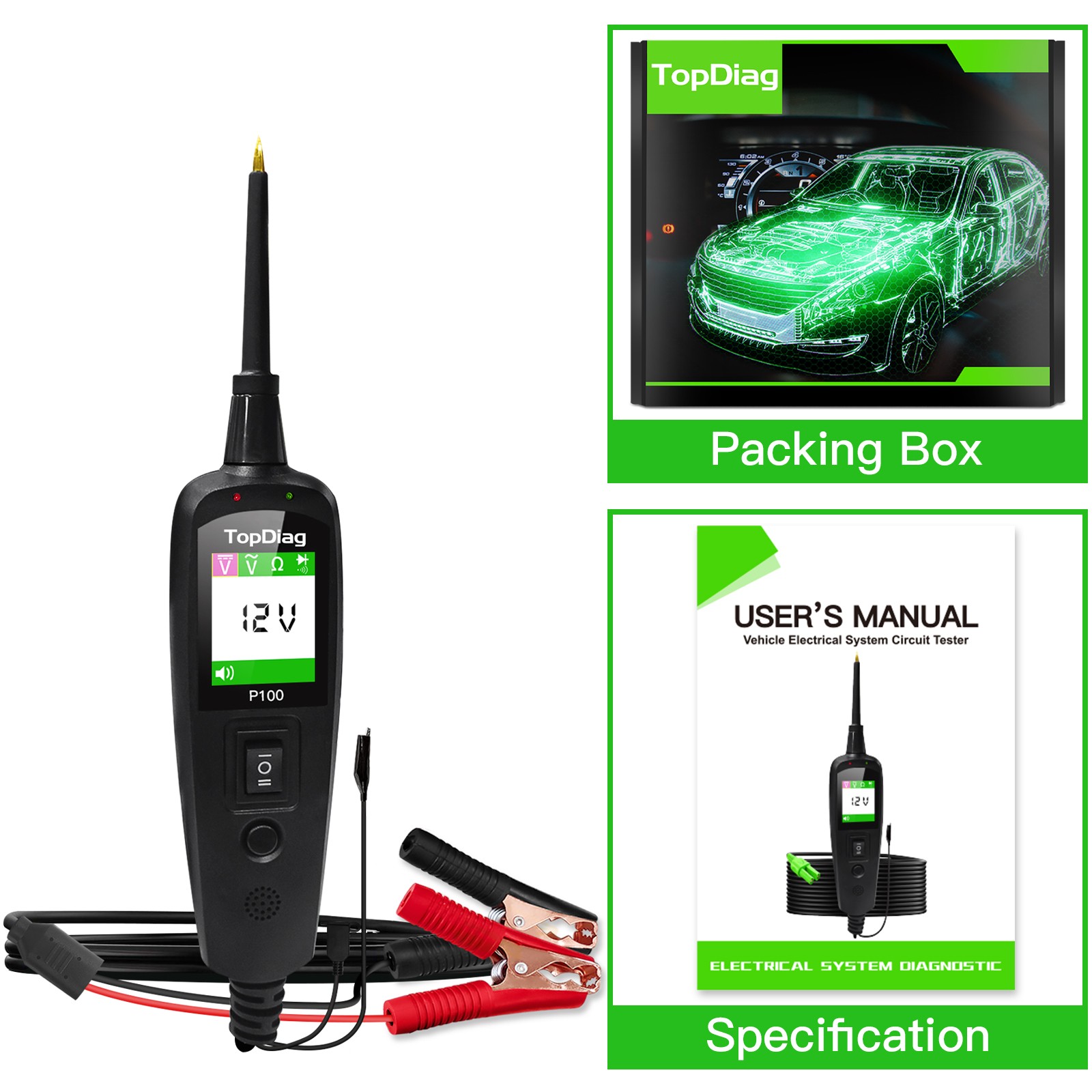 Topdiag P100 Auto Power Circuit Tester Probe Kit 12V 24V Vehicle Electrical Tool