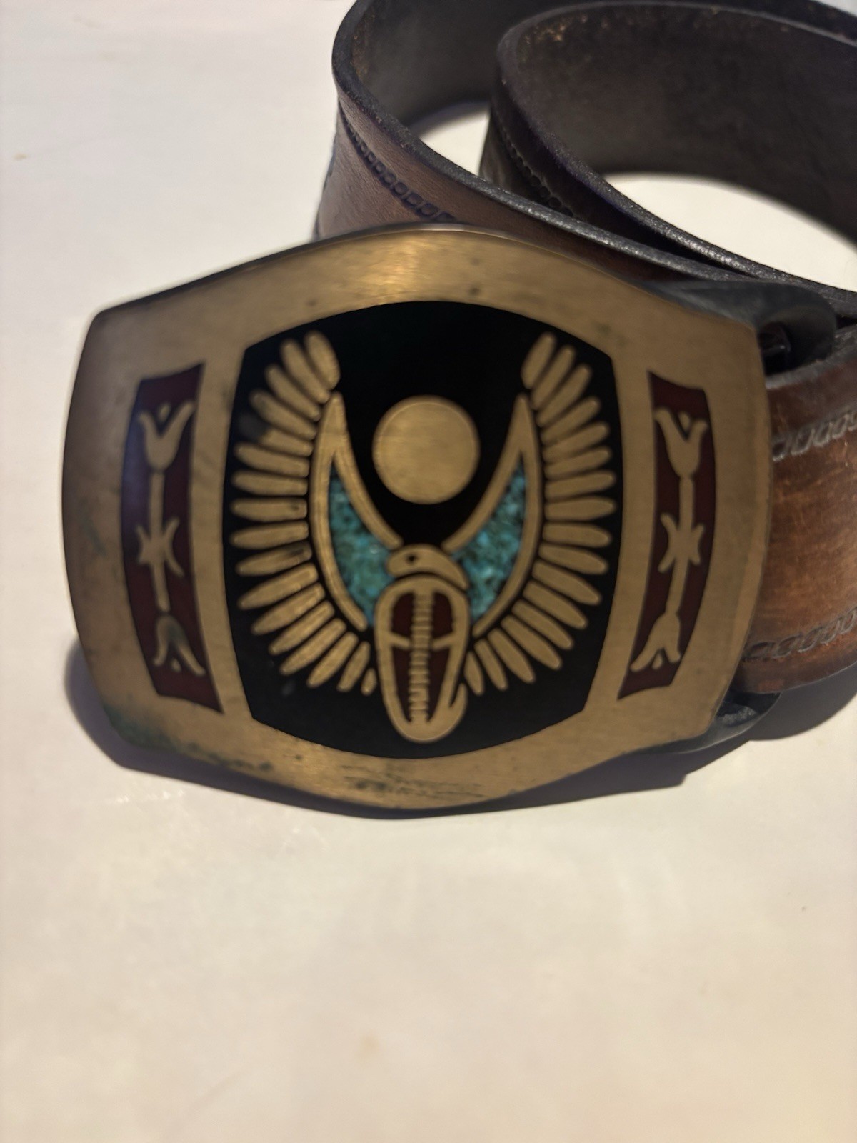 Vintage 1978 Tech Ether Guild Brass Turquoise “Winged Cobra” Buckle & Belt Rare