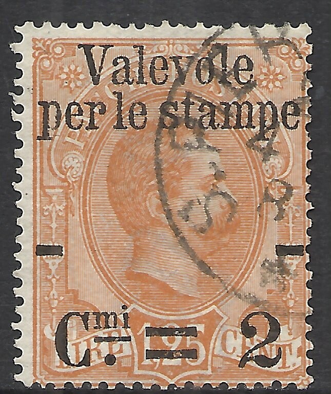 ITALY SCOTT 62 USED FINE - 1890 2c on 1.25L OVERPRINT ORANGE ISSUE