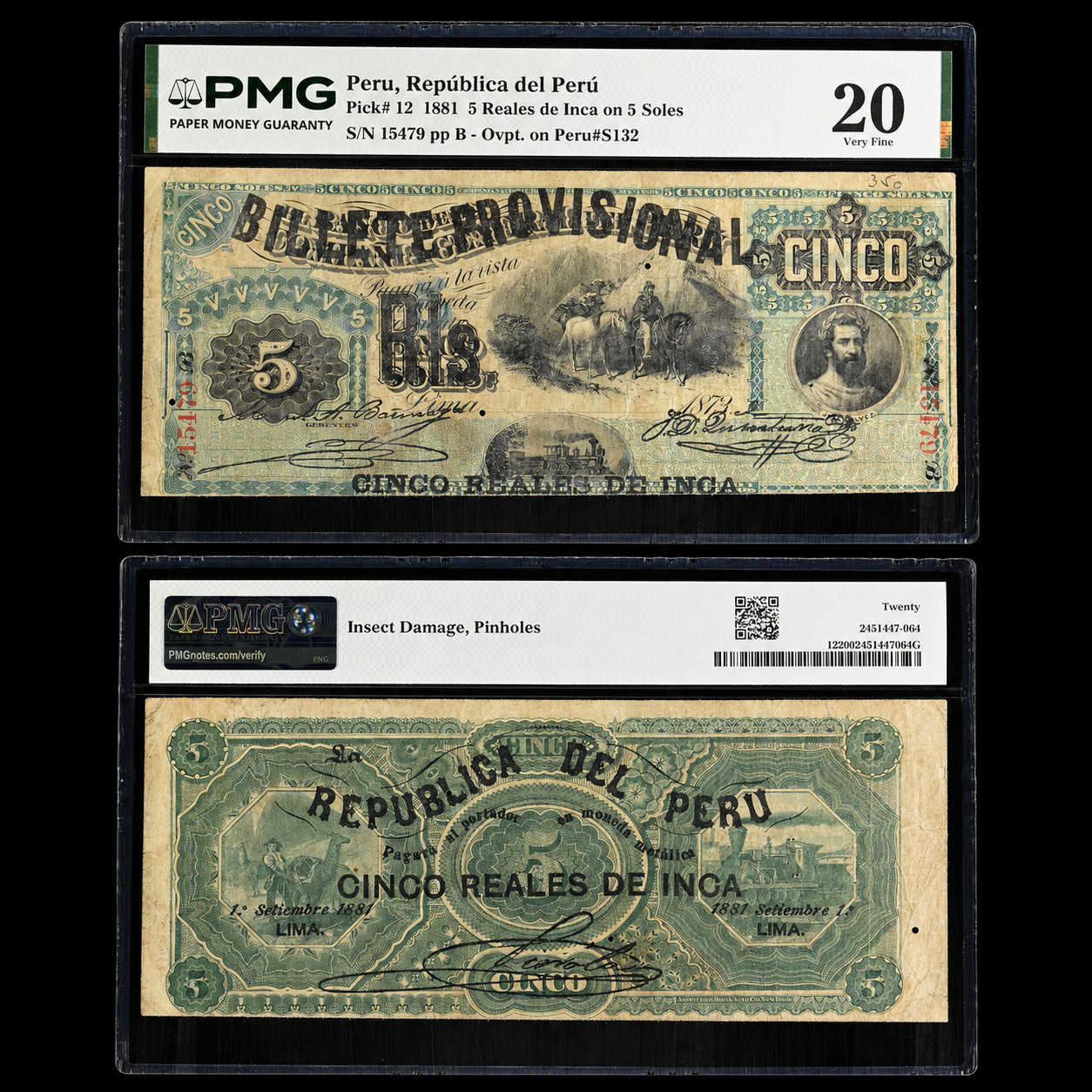 Peru, 1881 5 Reales de Inca on 5 Soles, Republica del Peru bank note, Pick # 12.