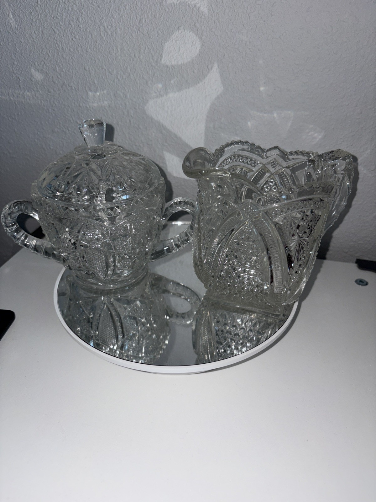 Early American Pressed Glass Vintage Creamer and Covered Sugar Bowl Set Early American Pressed Glass Vintage Creamer and Covered Sugar Bowl Set