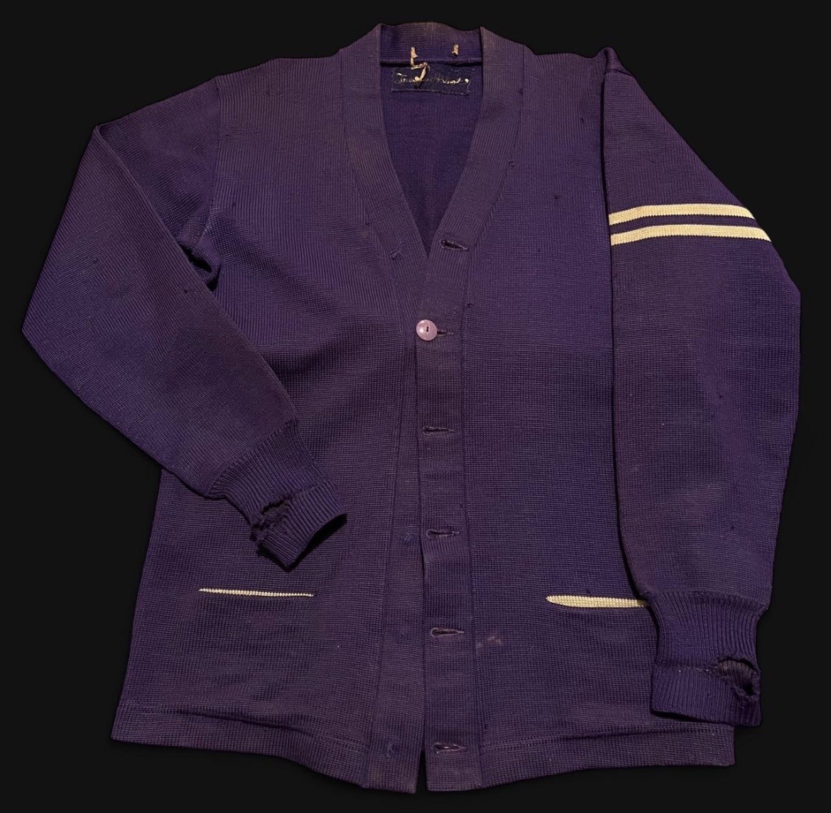 Vintage 1950s Purple Varsity Letterman Cardigan Acrylic Sweater Sz L Distressed Vintage 1950s Purple Varsity Letterman Cardigan Acrylic Sweater Sz L Distressed