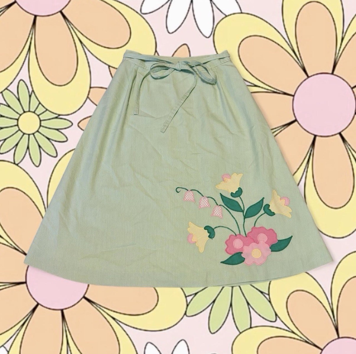 Vintage 60s Mint Green Wrap Skirt With Embroidered Floral Design S/M