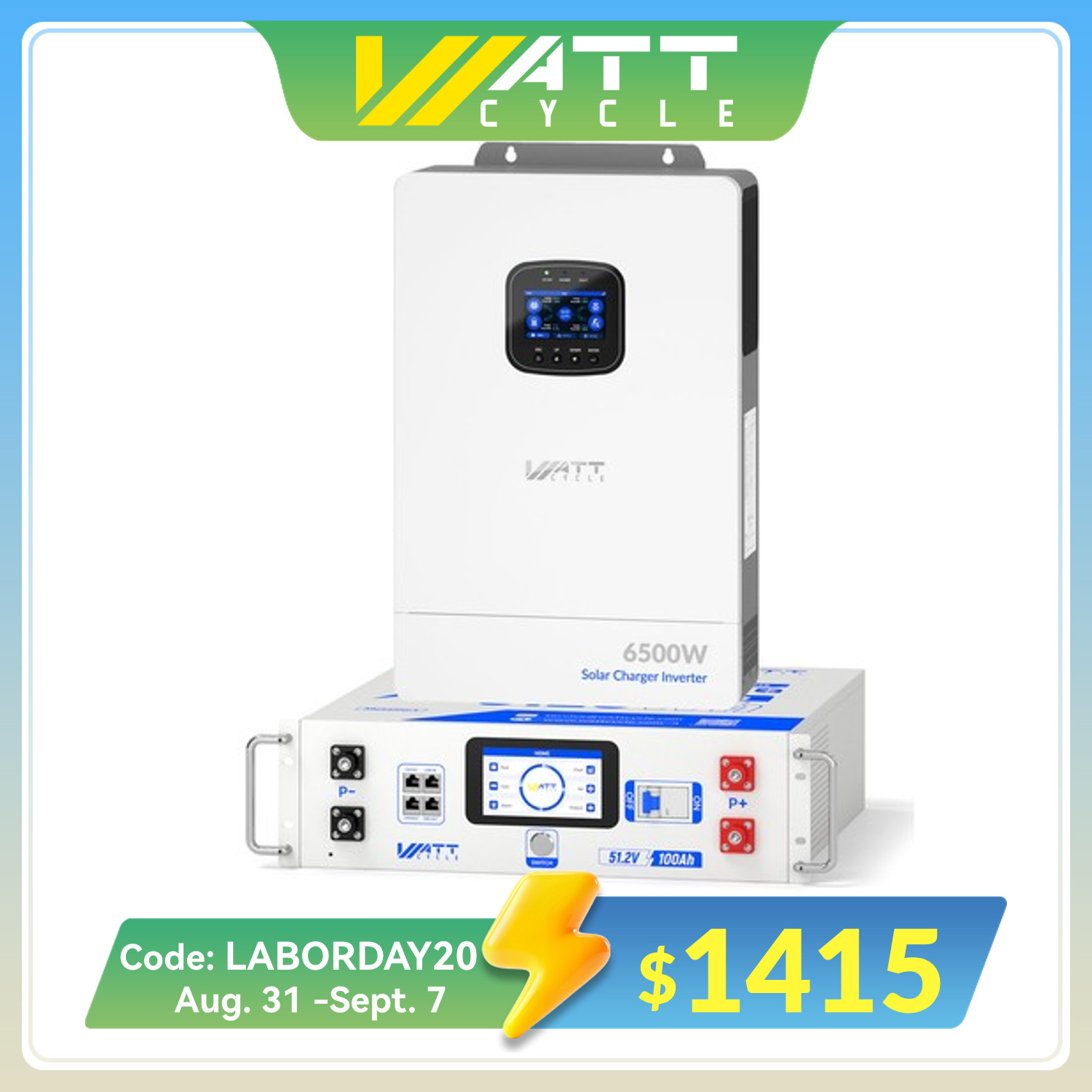 Wattcycle 48V 100Ah LiFePO4 Battery Server Rack + 6500W Solar Hybrid Inverter