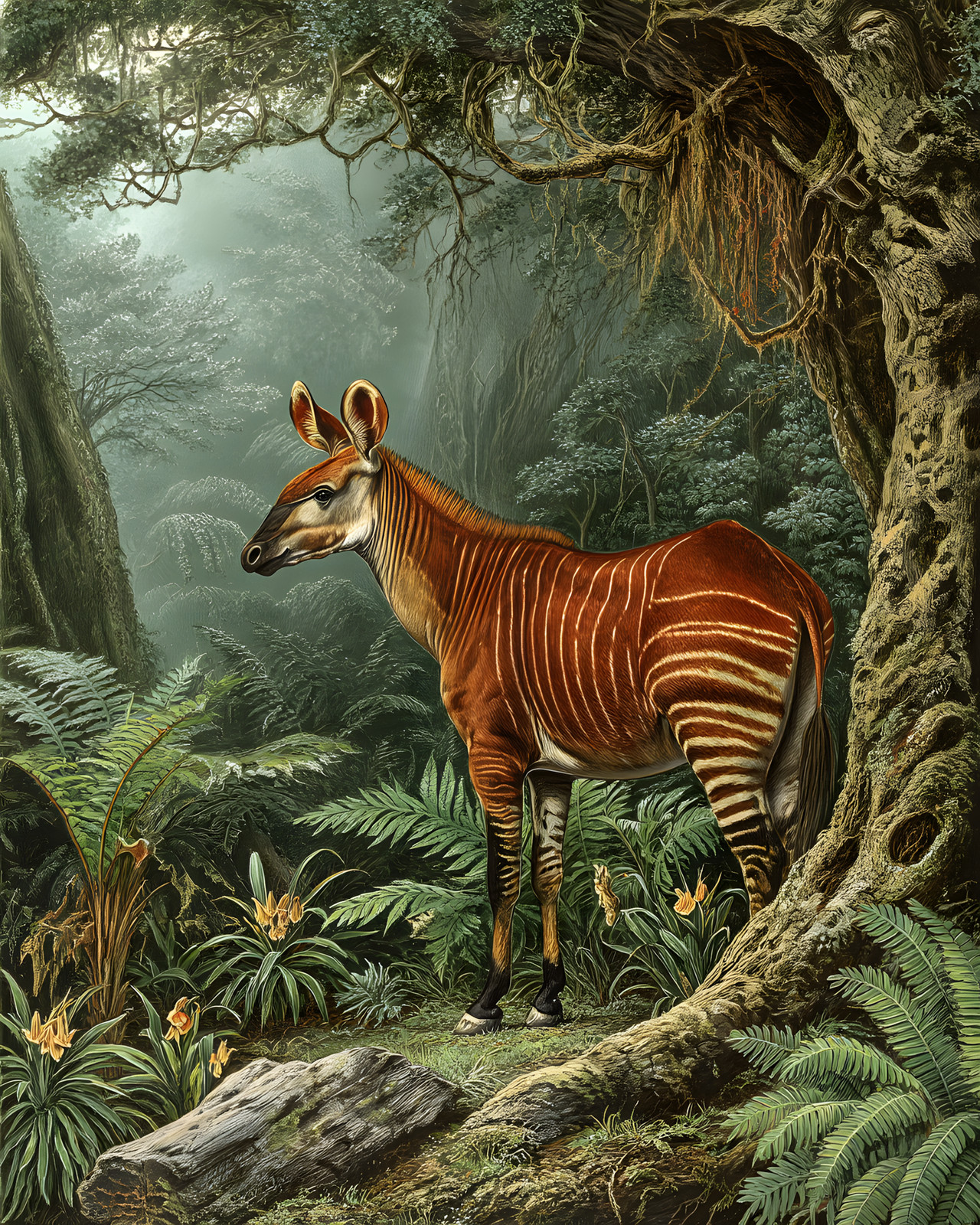 Okapi Within a Forest While Standing Featuring Striped Markings Art/343350987