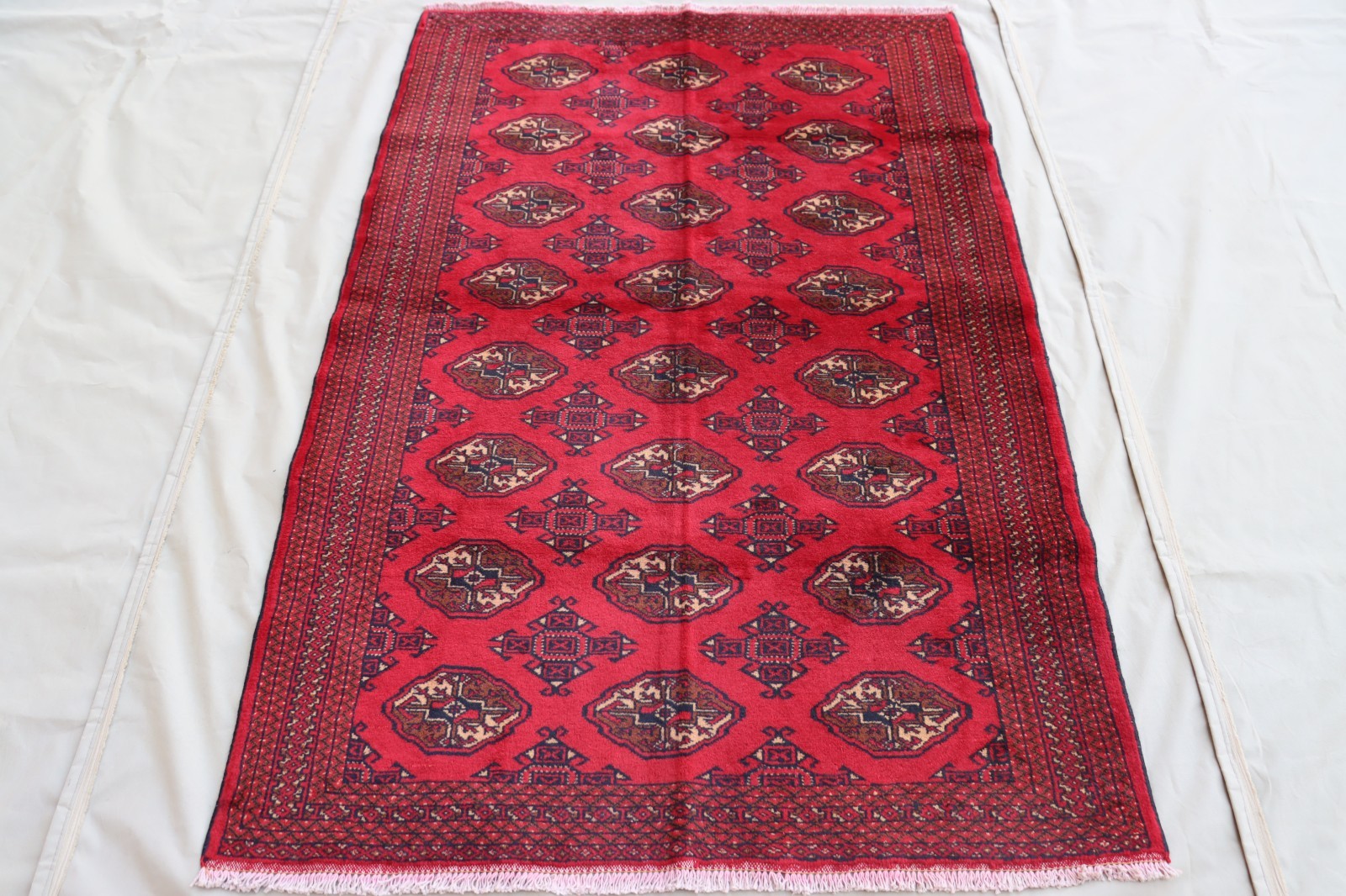 4x6ft Vintage Afghan Turkmen Rug, Hand Knotted Wool Red Bukhara Gul Tribal Carpe