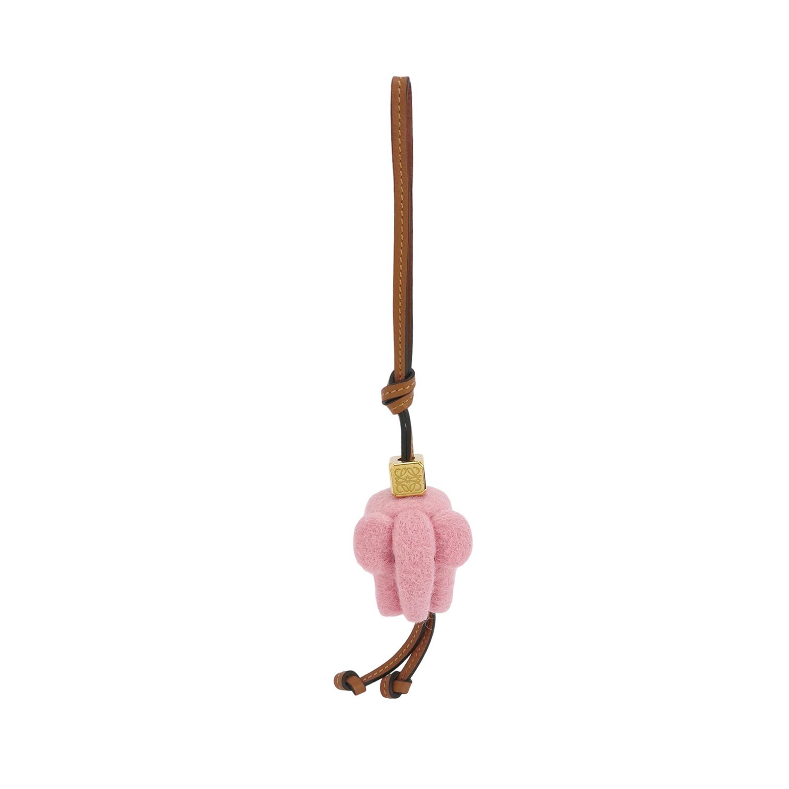 Auth Loewe Elephant Felt Bag Charm Pink Tan Leather Strap Gold‑Tone Anagram Cube