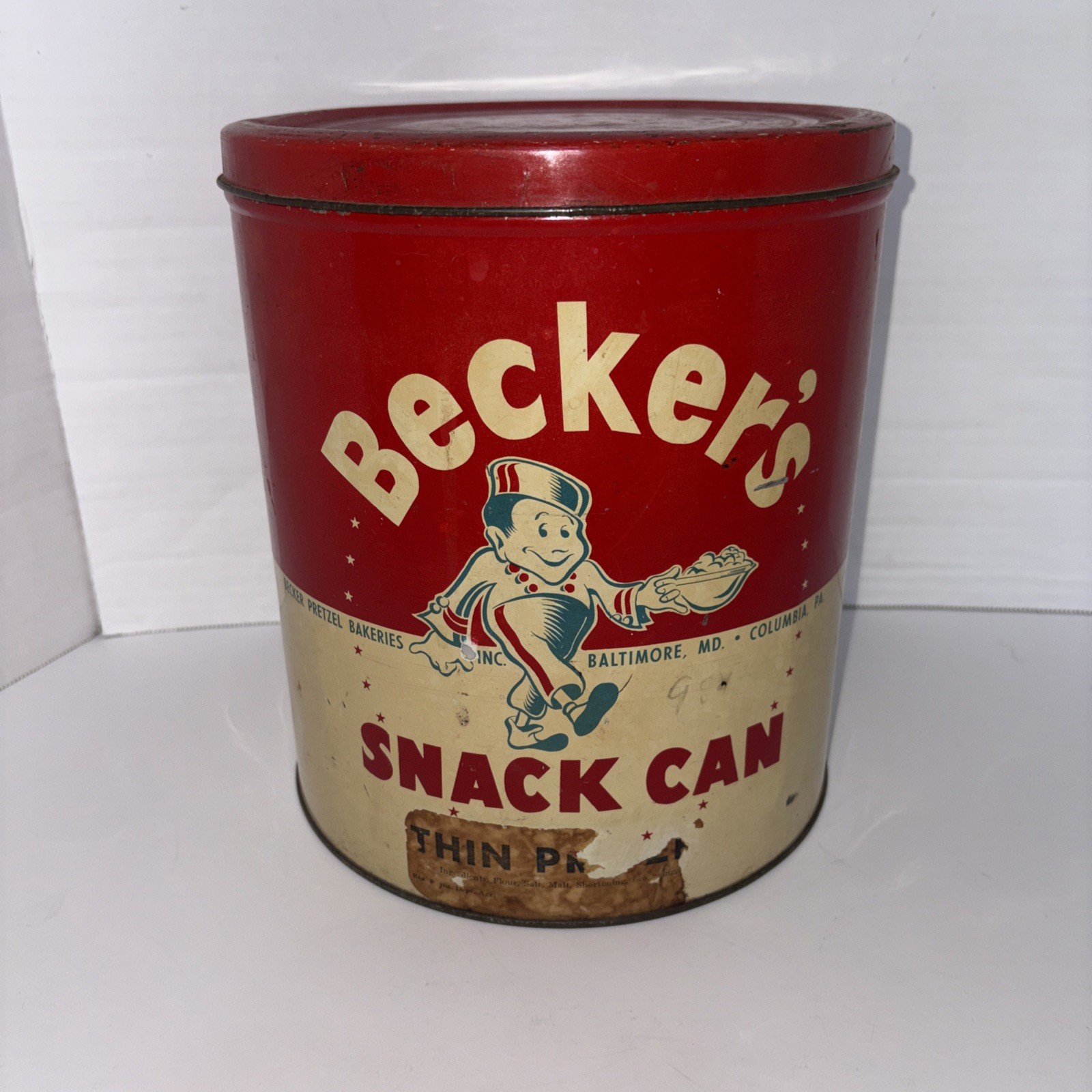 Rare Vintage Becker’s Snack Can Tin - Becker Pretzel Bakeries Inc. 9 1/2” Tall