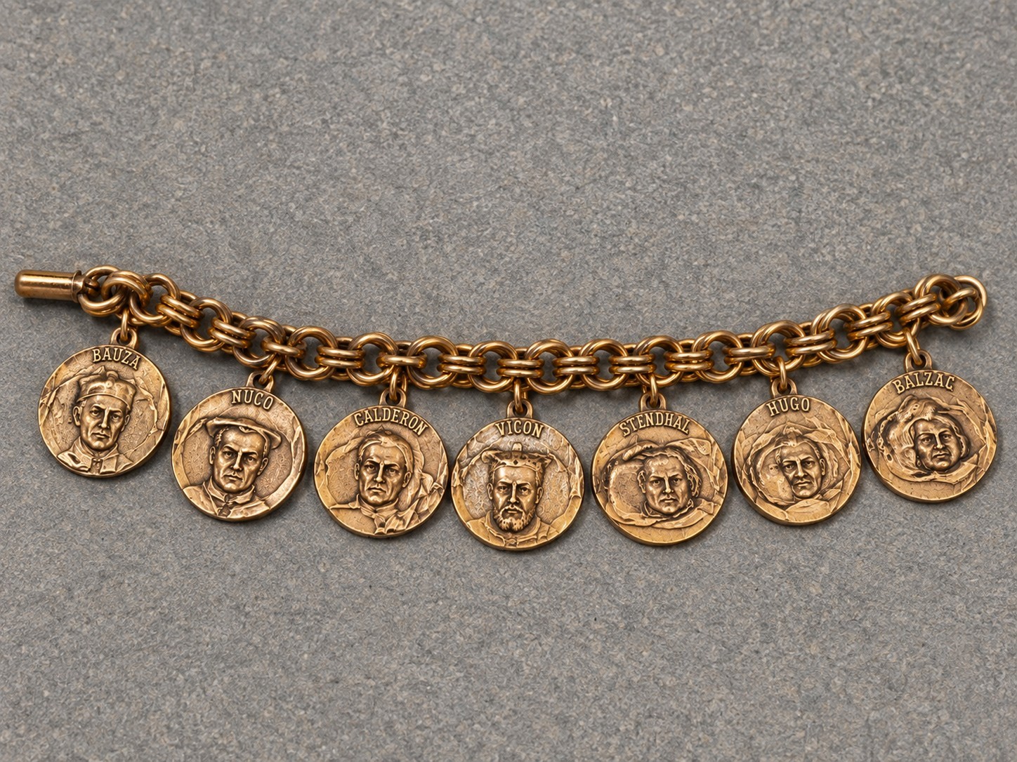 Vintage French Literary Charm Bracelet Balzac Hugo Stendhal Portrait Medallions