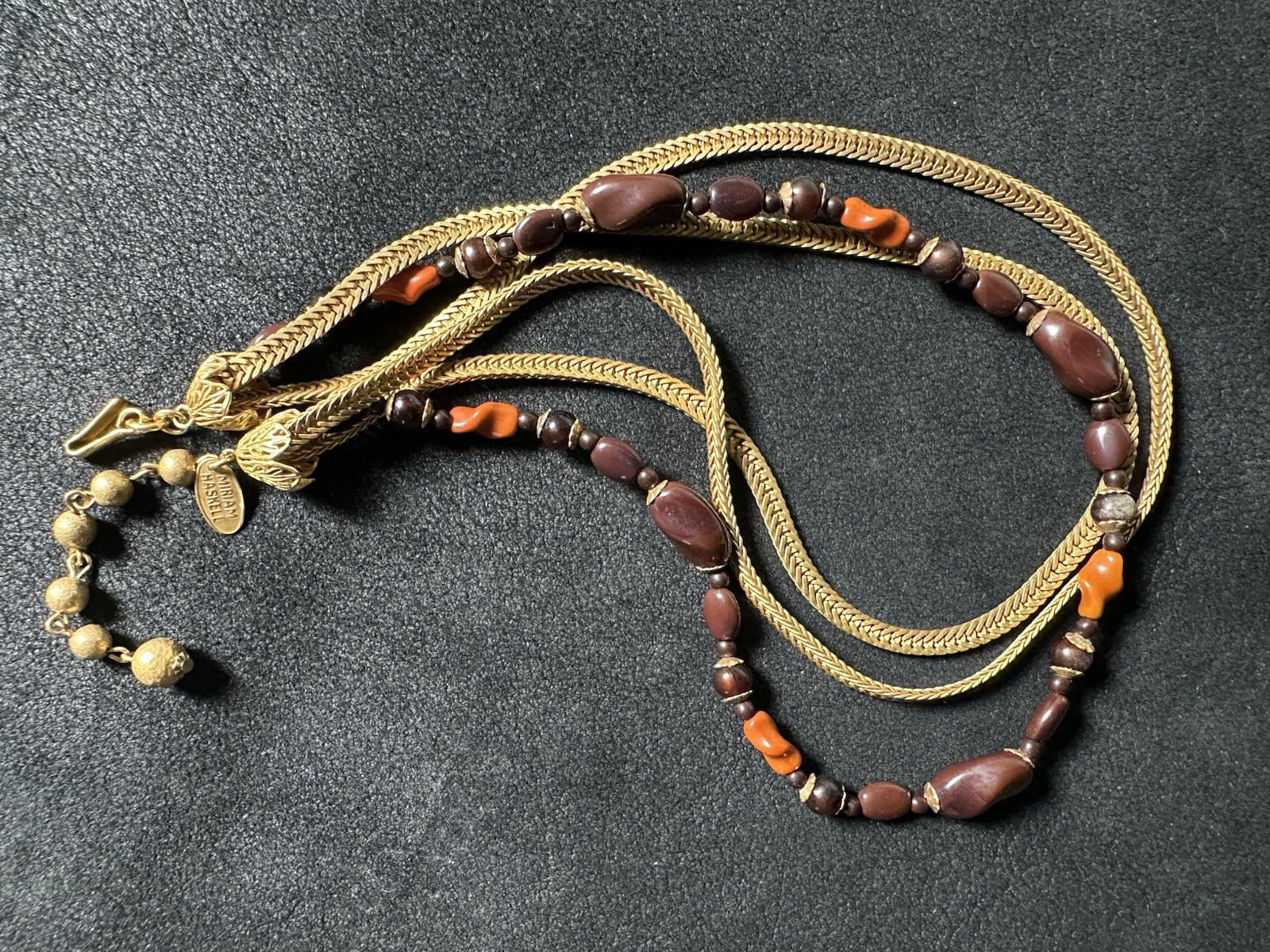 Vintage Miriam Haskell Signed 3-Strand Necklace Brown And Gold Tone Neck