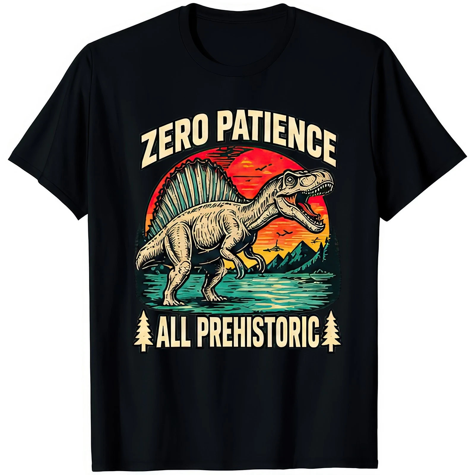 Zero Patience All Prehistoric Funny Dinosaur Retro Sunset Novelty Gift T Shirt