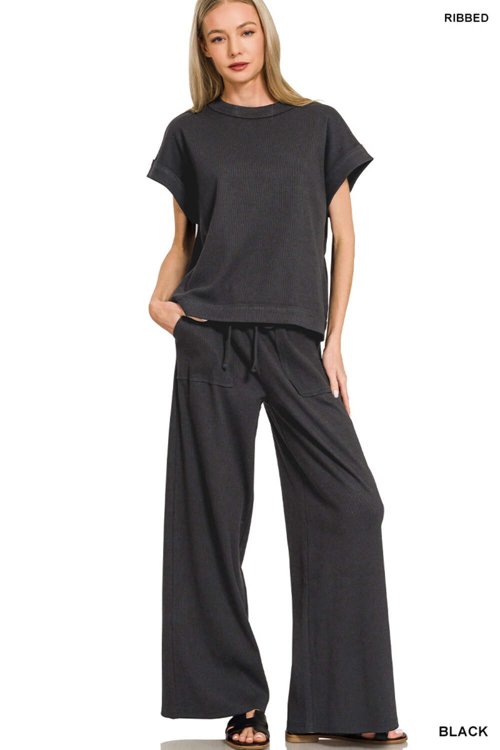 Zenana Women's Ribbed Short Sleeve Tee & Pants Set - Black