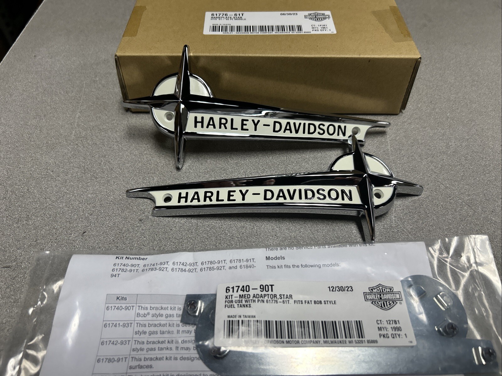 Harley- Davidson  OEM 61776-61T 1961-1962 FL GAS TANK NAMEPLATES WITH HARDWARE