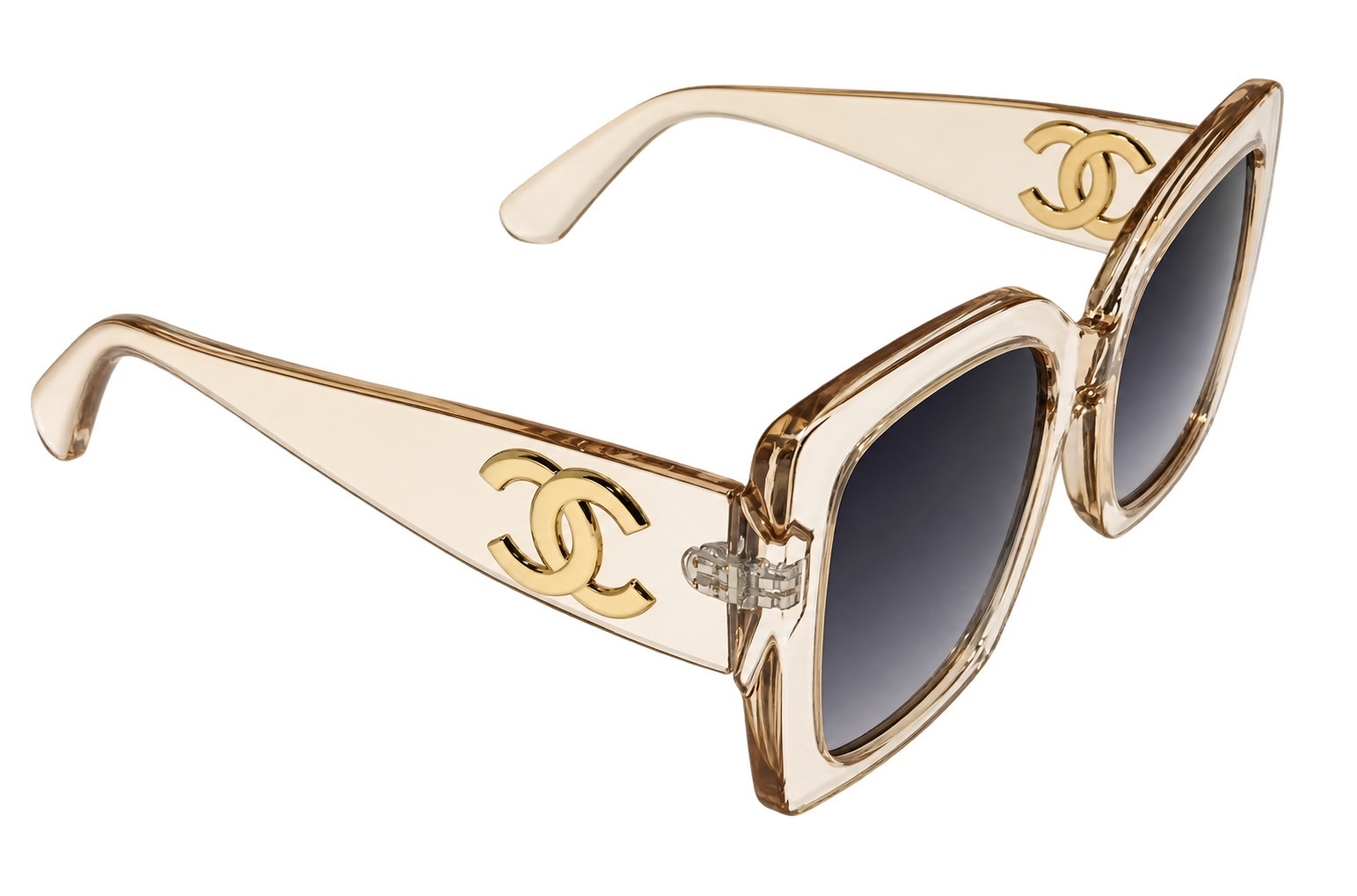 CHANEL Designer Sunglasses – Clear Champagne Frame with Gradient Gray Lenses