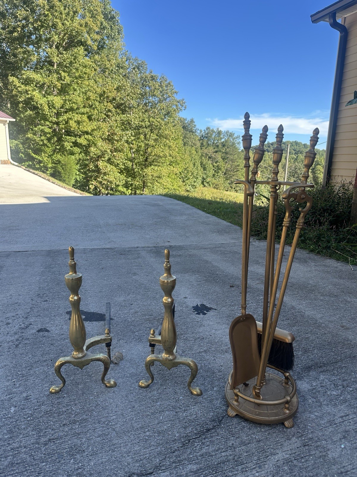 Gold Metal Fireplace Tool Set with Stand and 2 Andirons, Antique Brass Tone