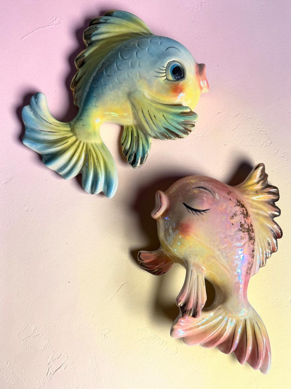 Vintage NORCREST Ceramic Blue Pink Yellow Kissing Fish Wall Plaques MCM 🐟