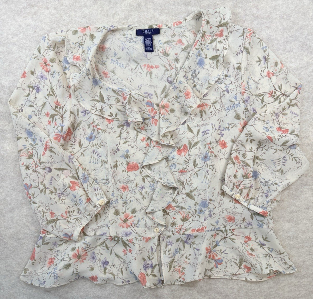 CHAPS Top Blouse Women XL Beige Floral Ruffle 3/4 Sleeve Feminine Cottage Forest CHAPS Top Blouse Women XL Beige Floral Ruffle 3/4 Sleeve Feminine Cottage Forest