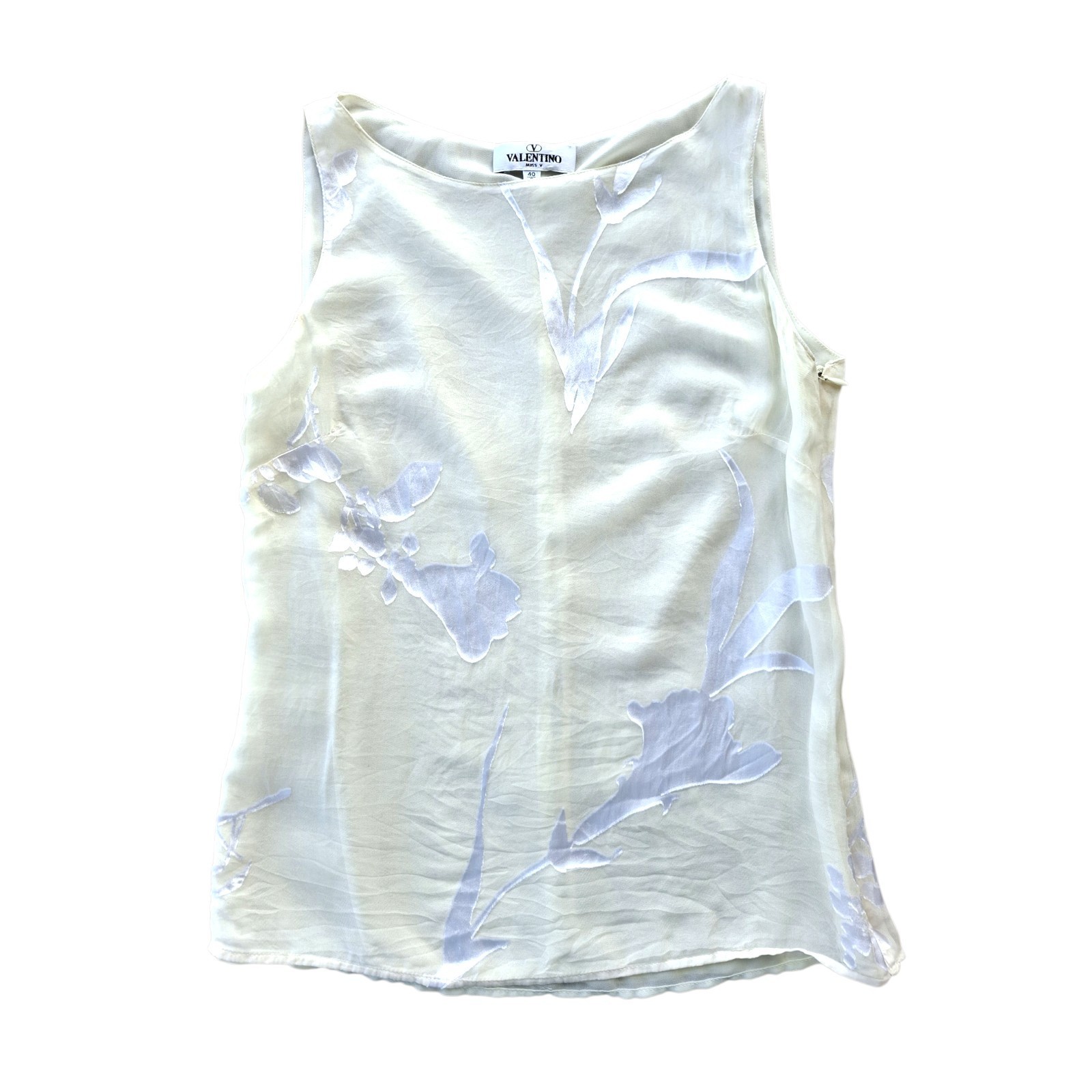 Vintage Valentino Miss V Silk Burnout Floral Blouse Tank Top Ivory IT 40 US 6