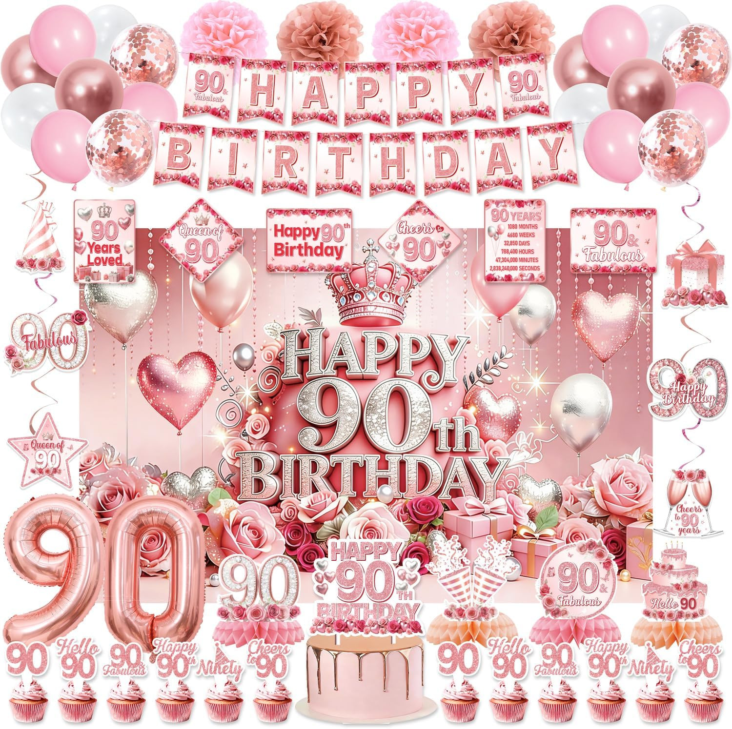 90Th Birthday Decorations for Women, Pink Rose Gold Flower 90 Years Old Party 90Th Birthday Decorations for Women, Pink Rose Gold Flower 90 Years Old Party
