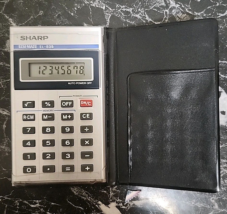 Vintage Sharp Calculator Elsimate EL-838 Credit Card Size Made Japan Tested 1982