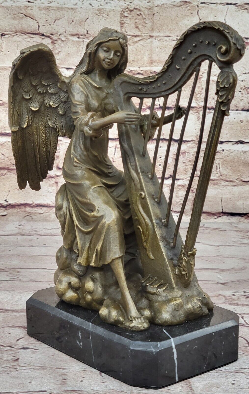 Auguste Moreau Heavenly Angel Harp Bronze Sculpture: Home Office Music Decor Art