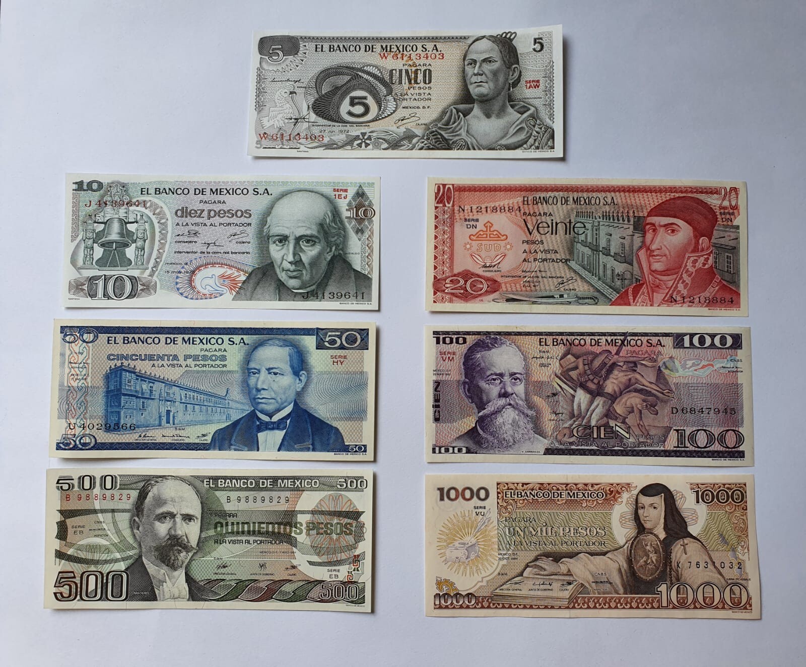 BANKNOTES MEXICO W/7 PIECES 5, 10, 20, 50, 100, 500, 1000 PESOS UNCIRCULATED