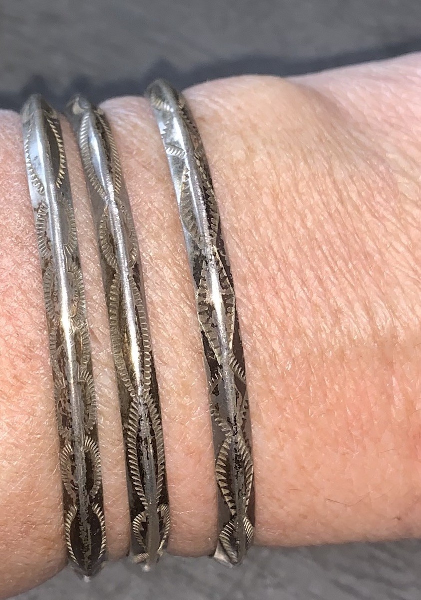 A6 OLD NAVAJO NATIVE INDIAN 3 STERLING SILVER STAMPED CUFF BRACELETS 28g 5-5.5” A6 OLD NAVAJO NATIVE INDIAN 3 STERLING SILVER STAMPED CUFF BRACELETS 28g 5-5.5”