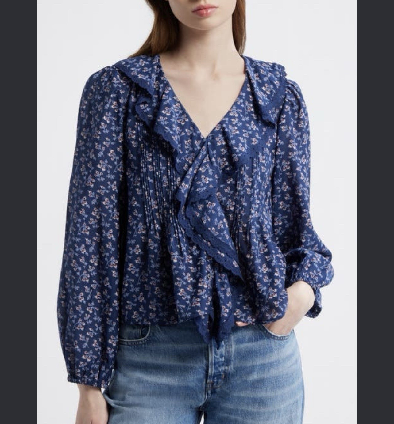 NWT Madewell Lace-Insert Pintucked Long Sleeve Top Small S Blue Floral