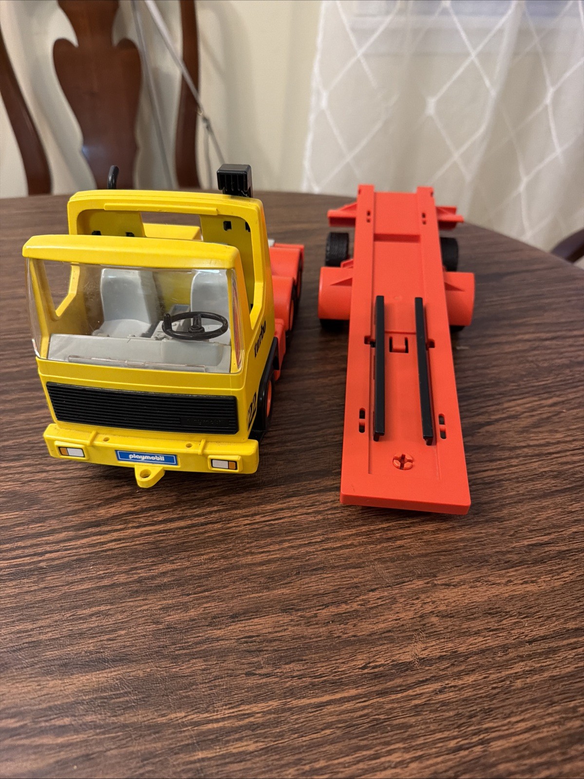 Vintage 1986 Playmobil Geobra Turbo Semi Truck 22 with Lowboy Trailer Set Rare