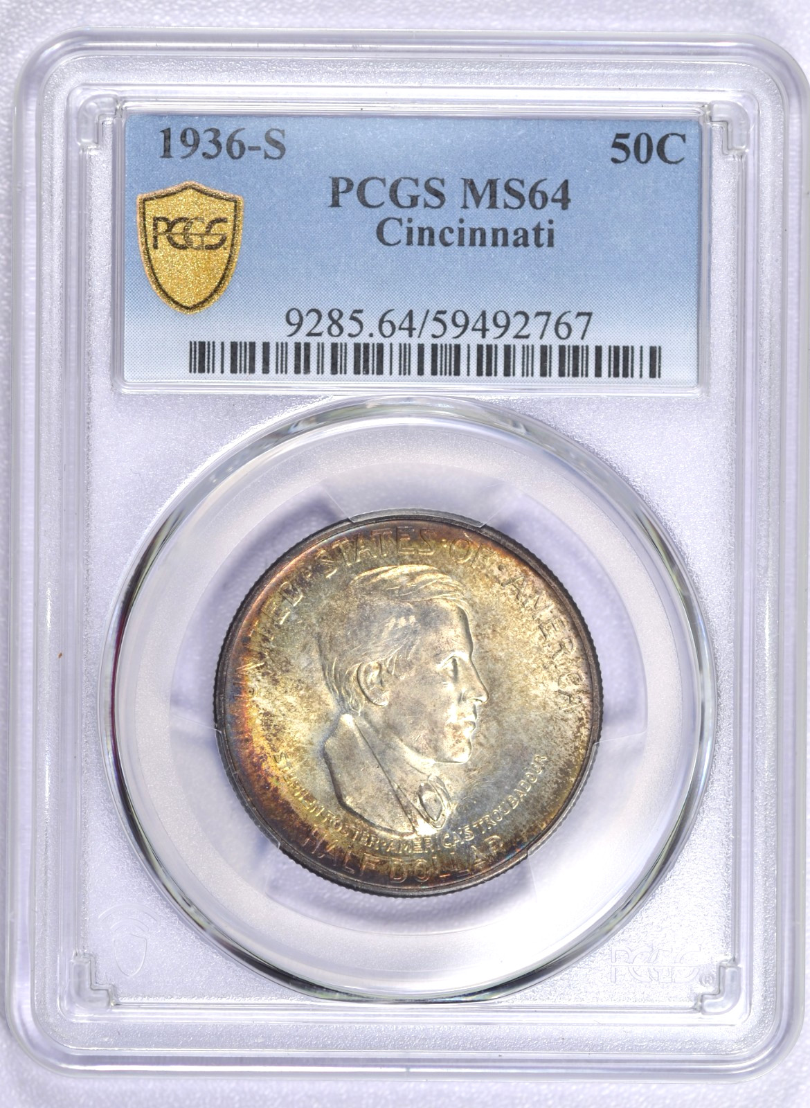 1936-S CINCINNATI COMMEMORATIVE HALF DOLLAR PCGS MS64 TONED BEAUTIFUL COLOR