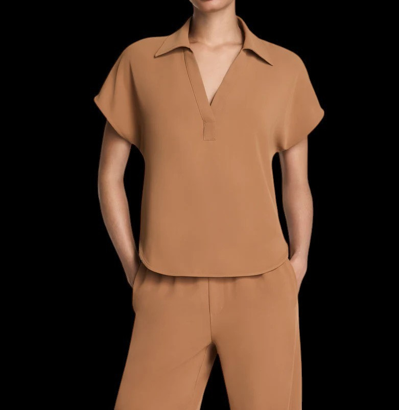 SPANX Carry On Collared Tee Large Maplewood Brown V-Neck Twill Travel Top NWT