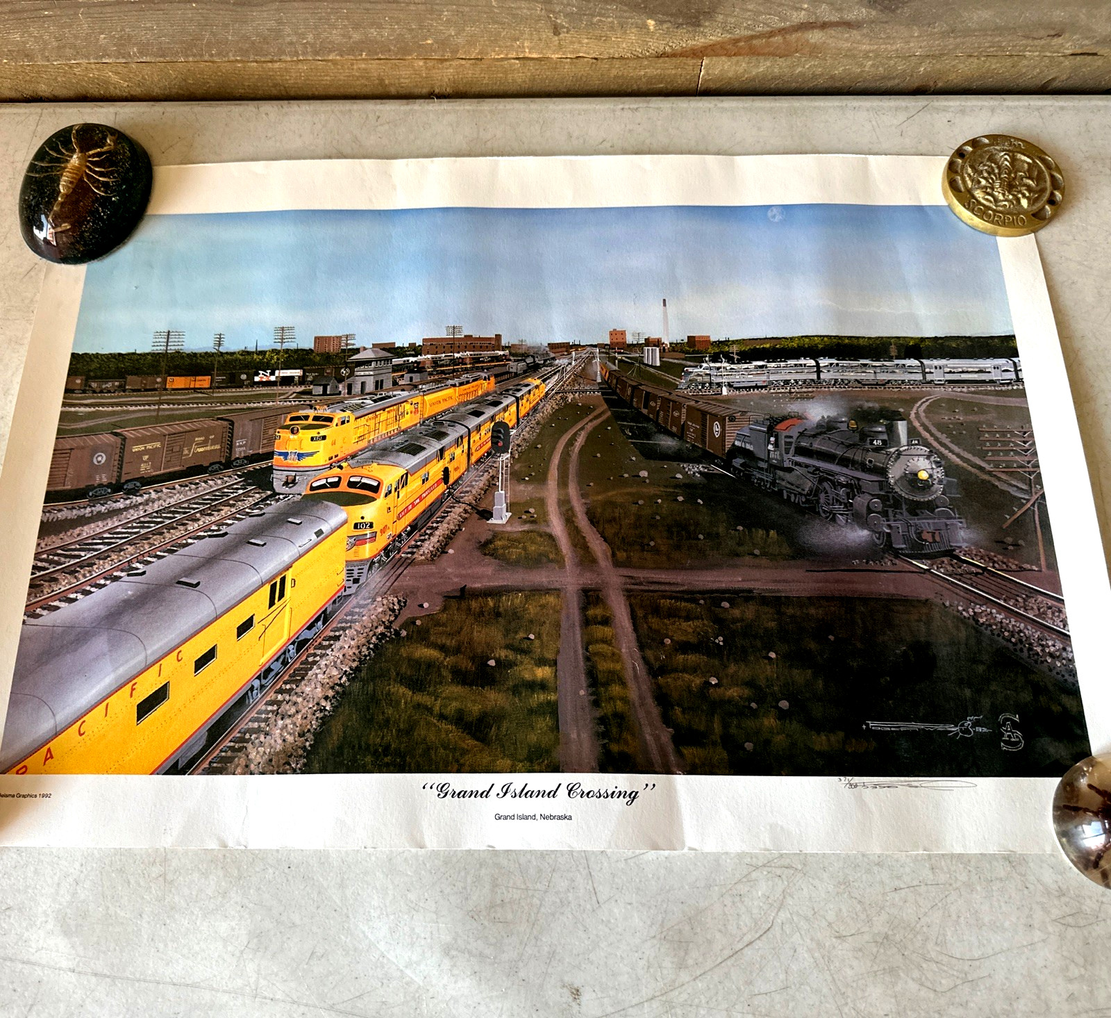 Grand Island Crossing by ROBERT WEST Artist Signed Railroad Art 1991 Vintage