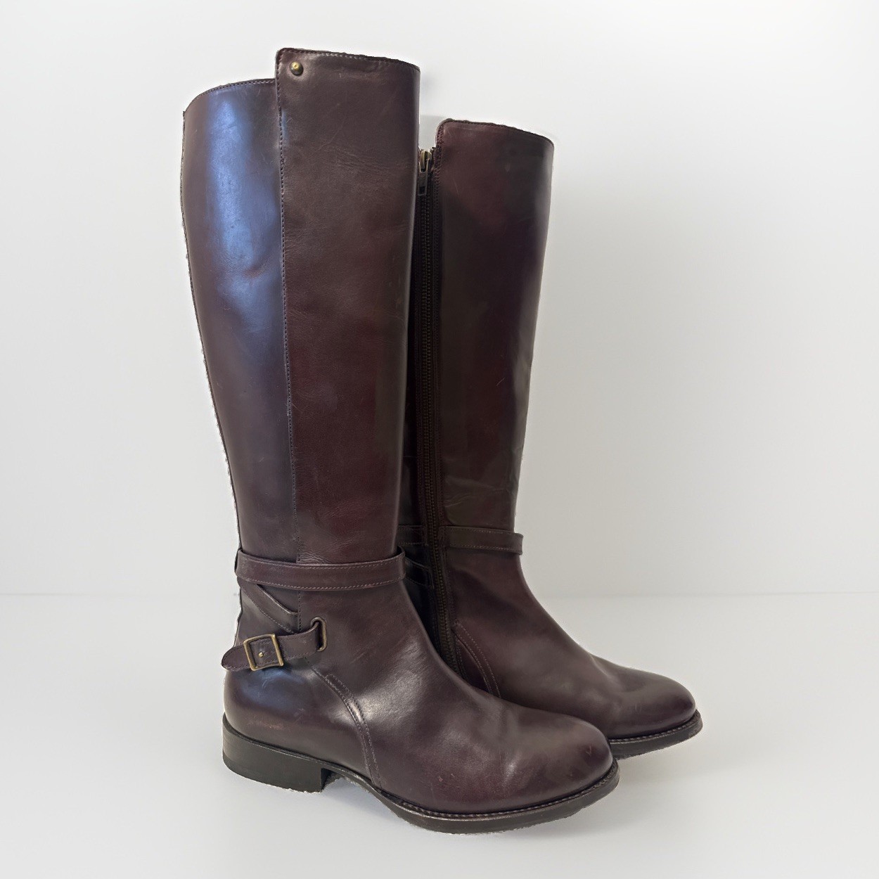 Frye Women’s Jordan Buckle Strap Bordeaux Leather Tall Zip Boots Size 8  3476089