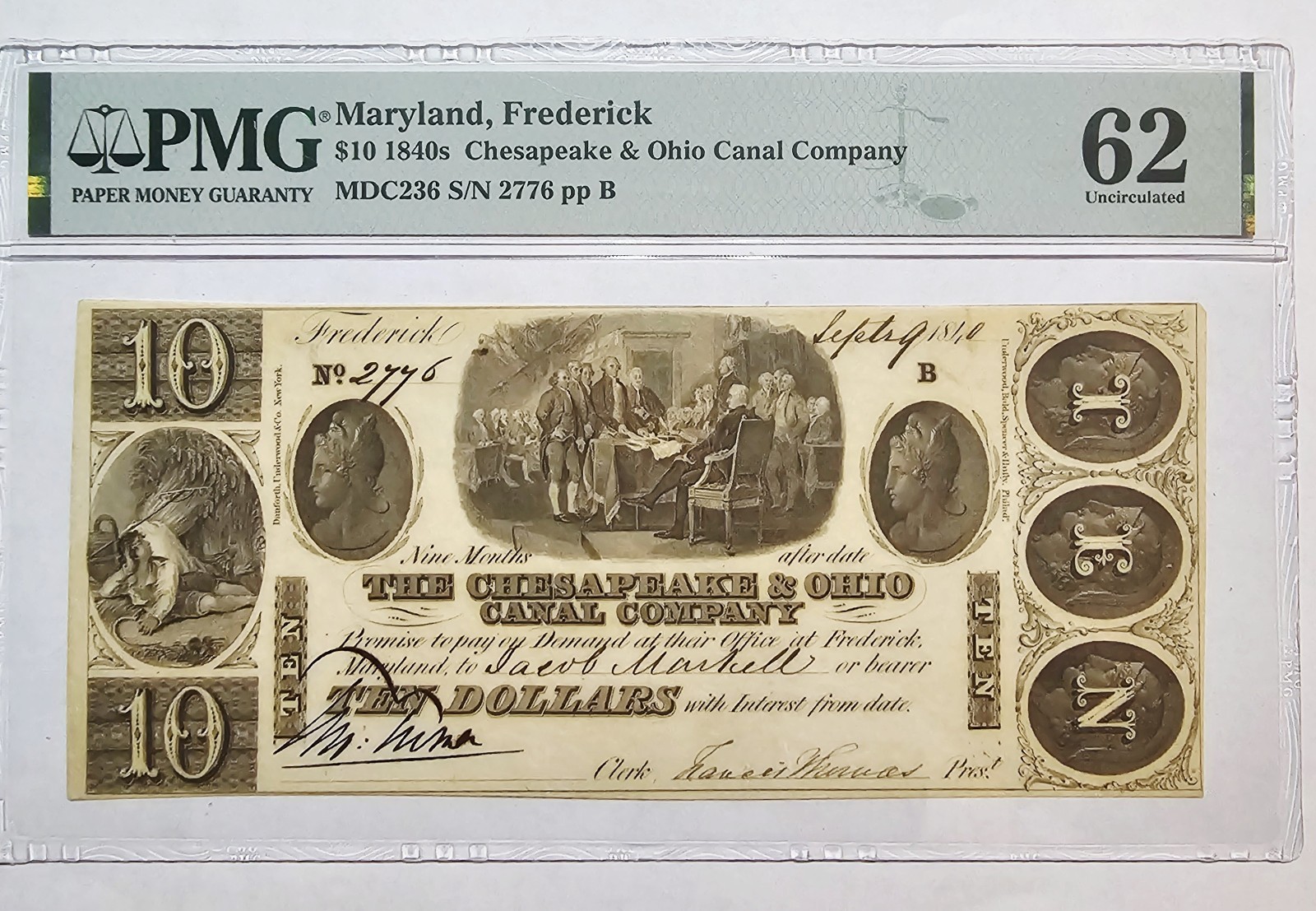 1840\'s $10 Chesapeake Ohio Canal Co Maryland PMG 62 UNC High Grade Ex Eye Appeal