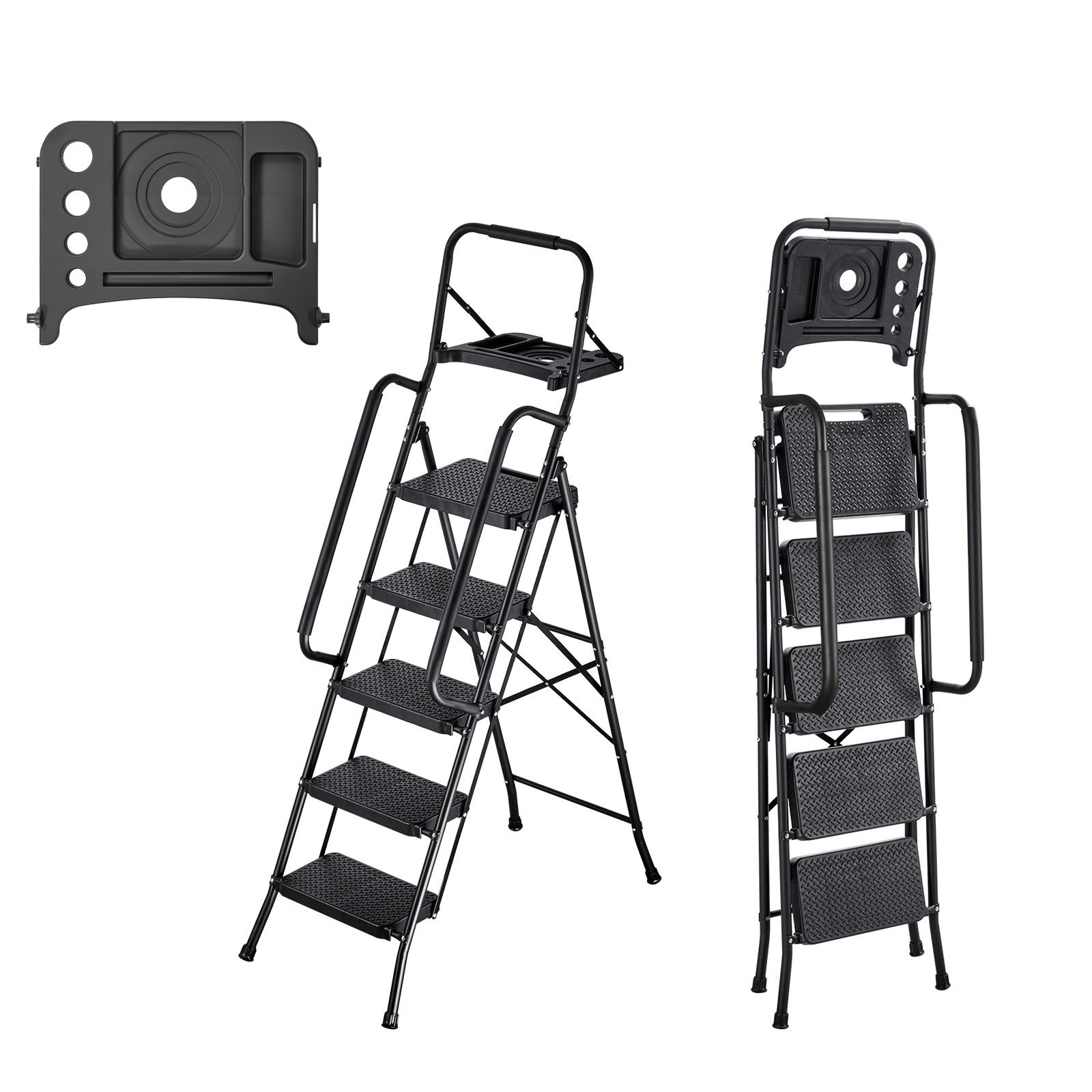 Uimoso 5 Step Ladder Steel Folding Wide Anti-Slip Tool Tray Dual Handrails