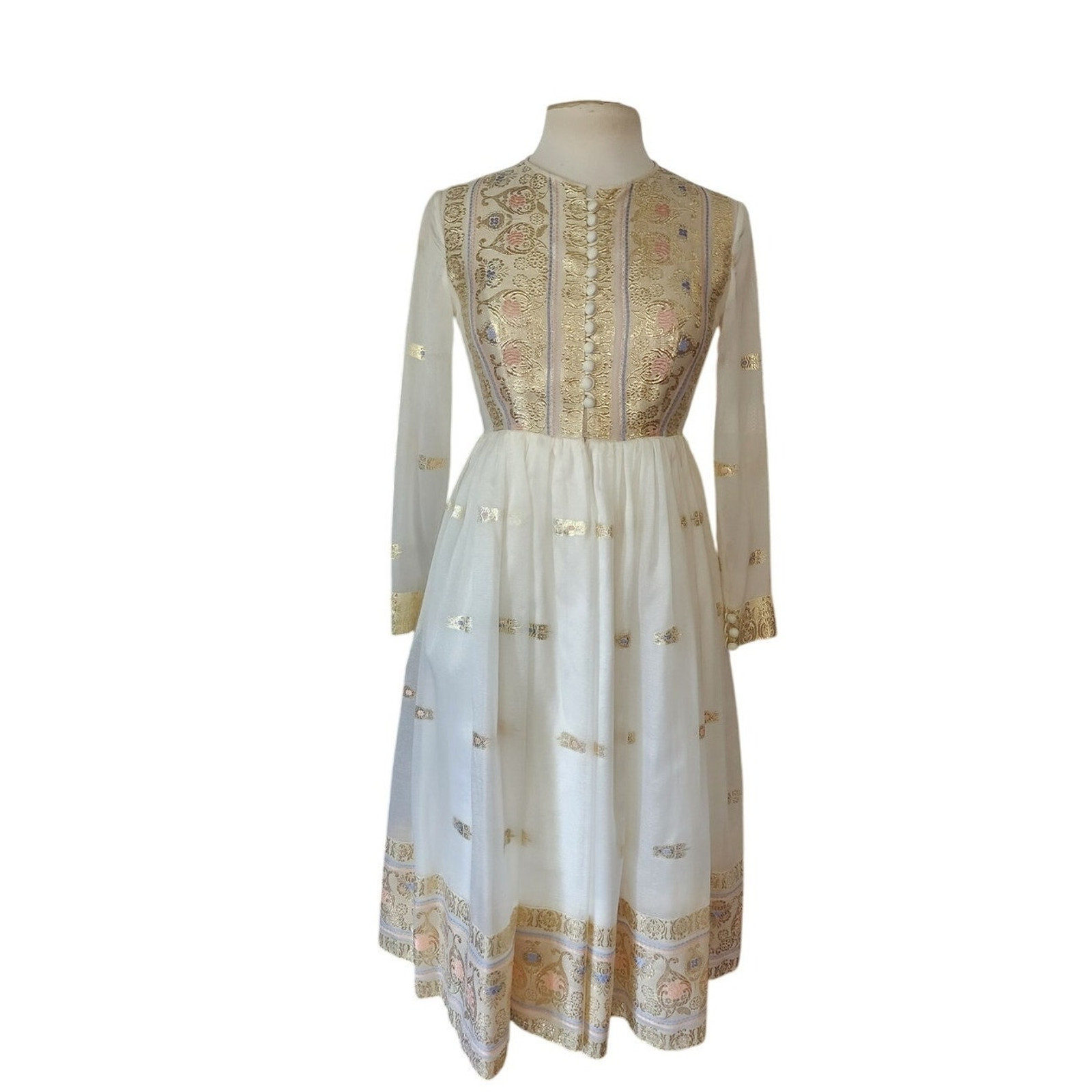 VTG 1970s Boho Dress White Gold Brocade Embroidery Indian Style Chuck Howard