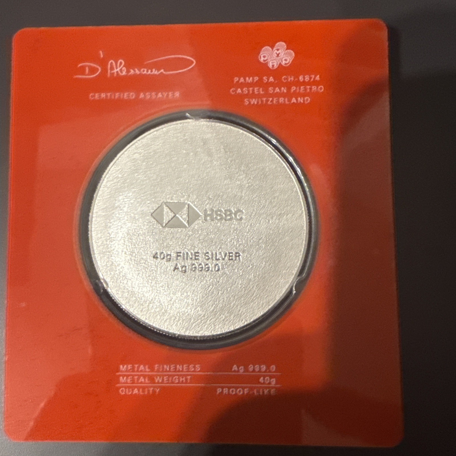 Ultra Rare HSBC PAMP 40g Twenty Years Service Silver Bullion Coin Proof Like