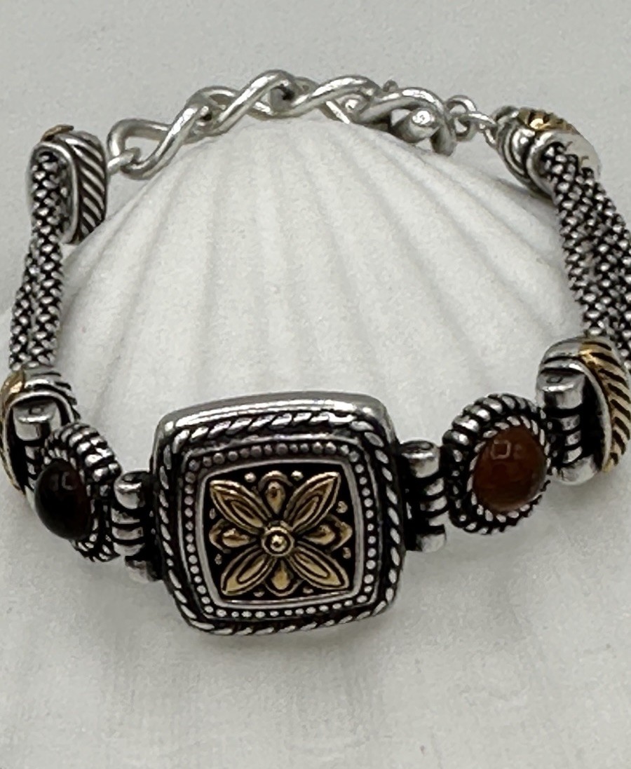 Brighton Two Tone Popcorn Mesh Floral Cabochon Toggle Bracelet 8\