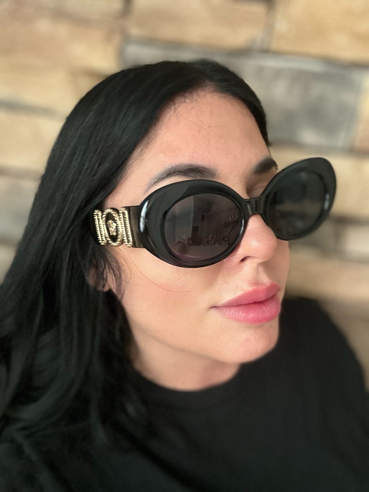 Versace Women’s Oversized Oval Sunglasses Black Plastic Frame Black Tinted Logo Versace Women’s Oversized Oval Sunglasses Black Plastic Frame Black Tinted Logo