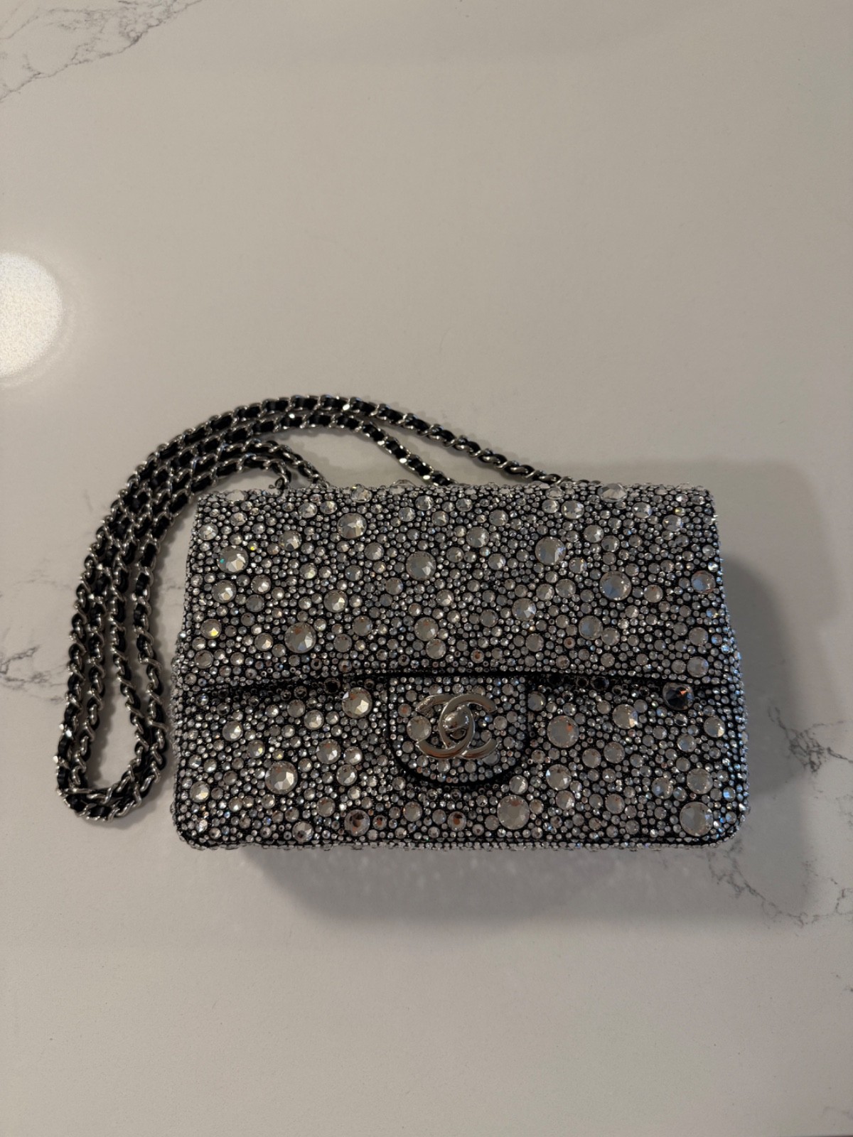 CHANEL 24C Crystal Strass Mini Flap Bag Silver Satin SHW AS4142 Full Set Receipt