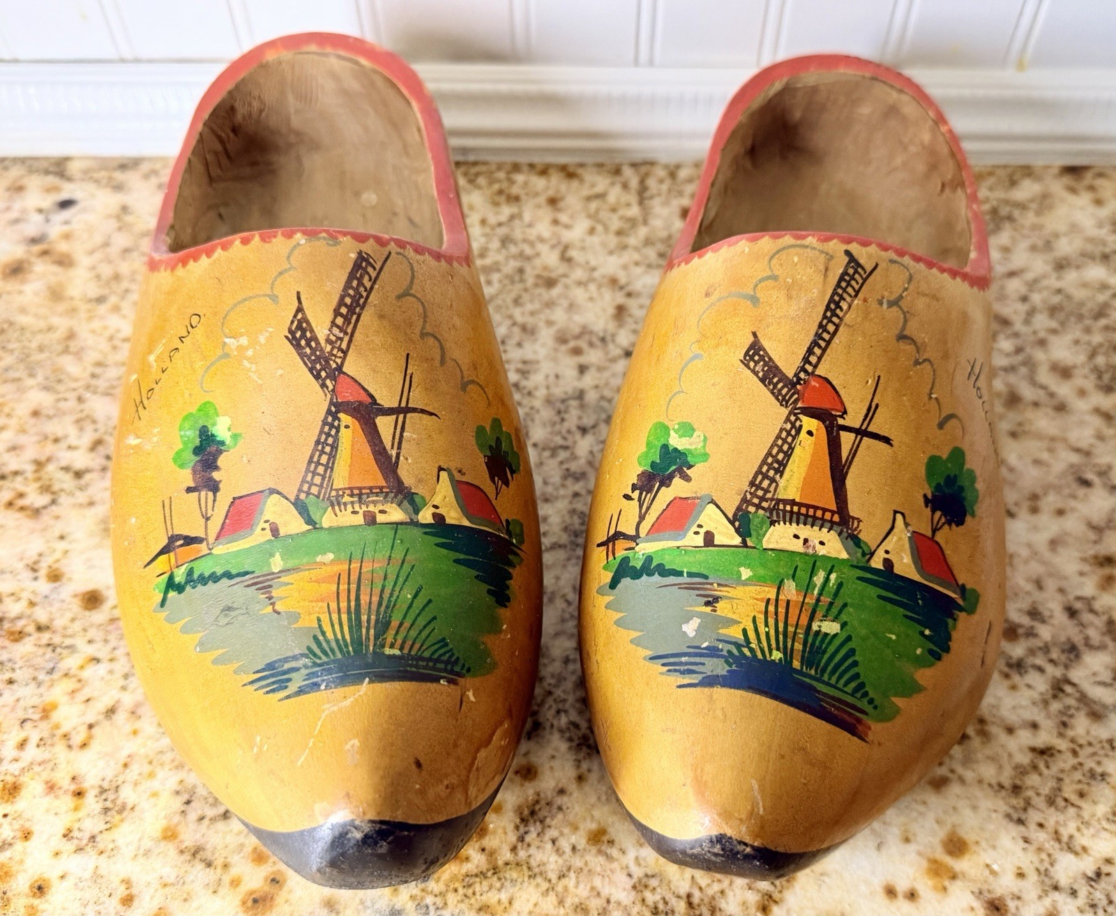 Vintage 1970s Dutch Wooden Clogs Klompen 12” Hand Carved Painted Holland