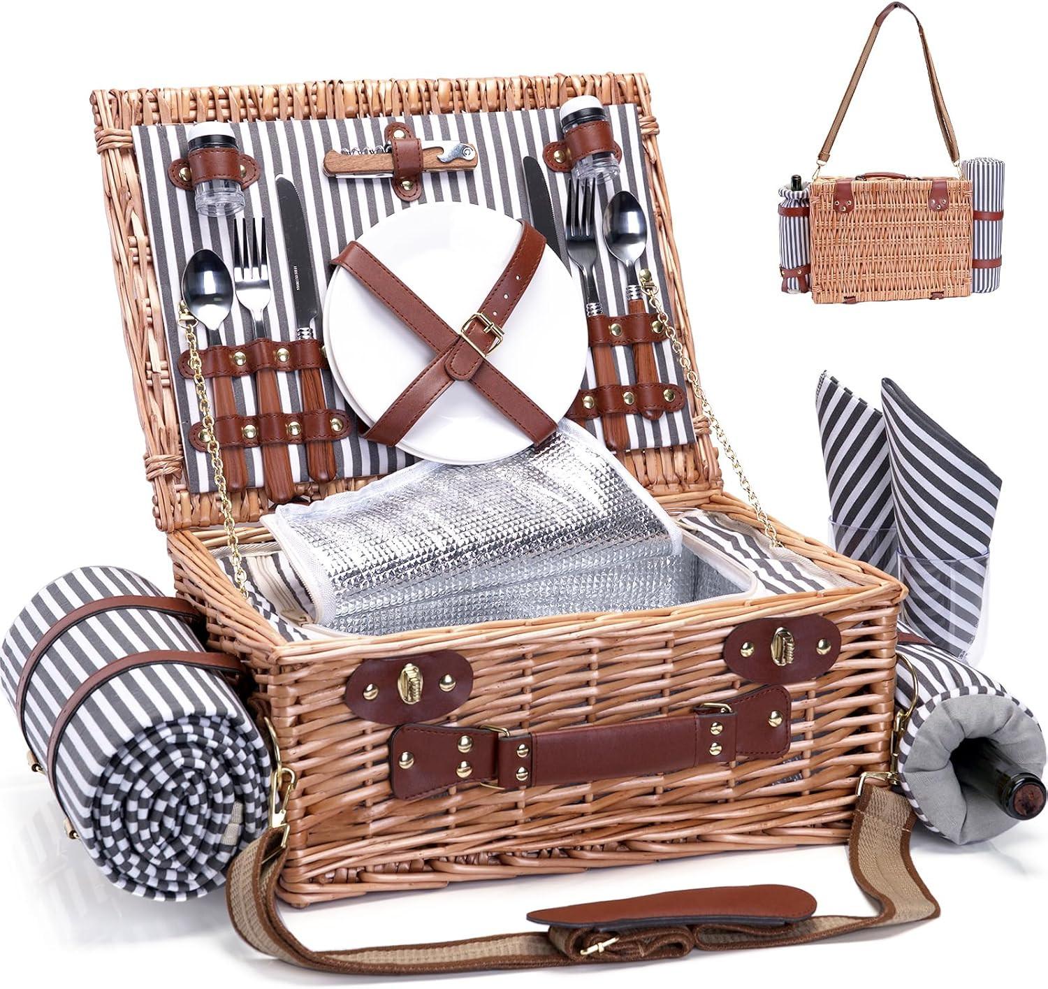 Picnic Basket with Blanket and Wine Pouch for 2 Wicker Picnic Set with Insulated