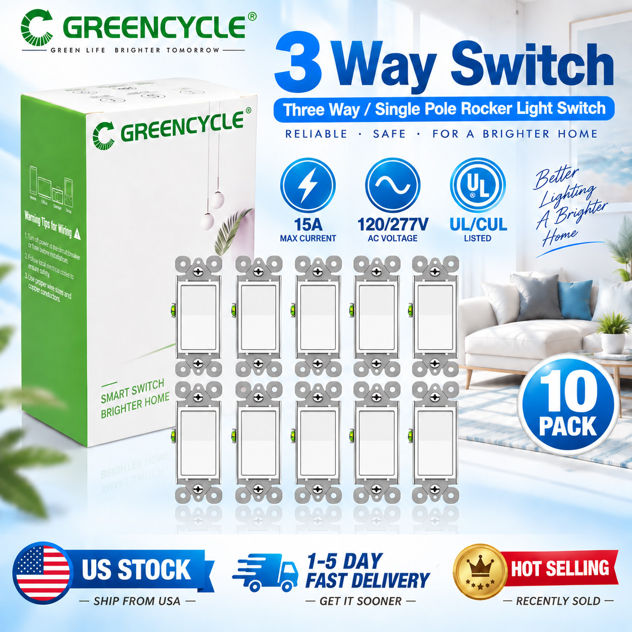 10x GREENCYCLE 15A 3 Way Light Switch,UL Certified,Residential&Commercial Grade
